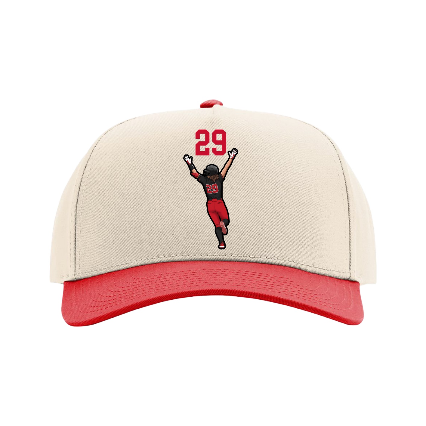 Full Fabric Five-Panel Champ Cap — Number Top in Cream/Red