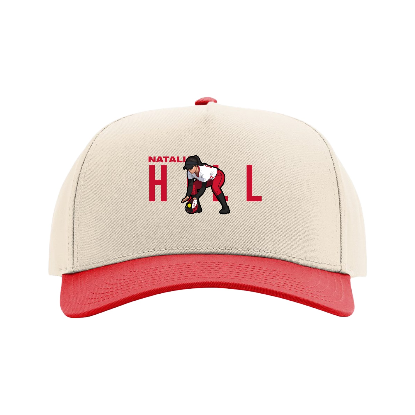 Full Fabric Five-Panel Champ Cap — Player Name in Cream/Red