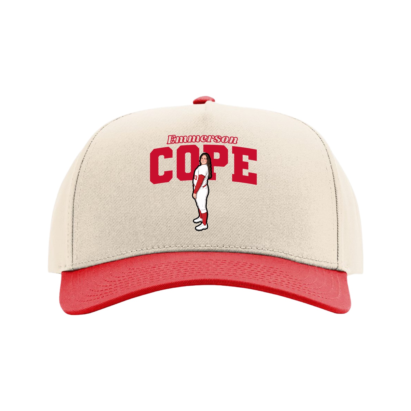 Full Fabric Five-Panel Champ Cap — Name Arch in Cream/Red