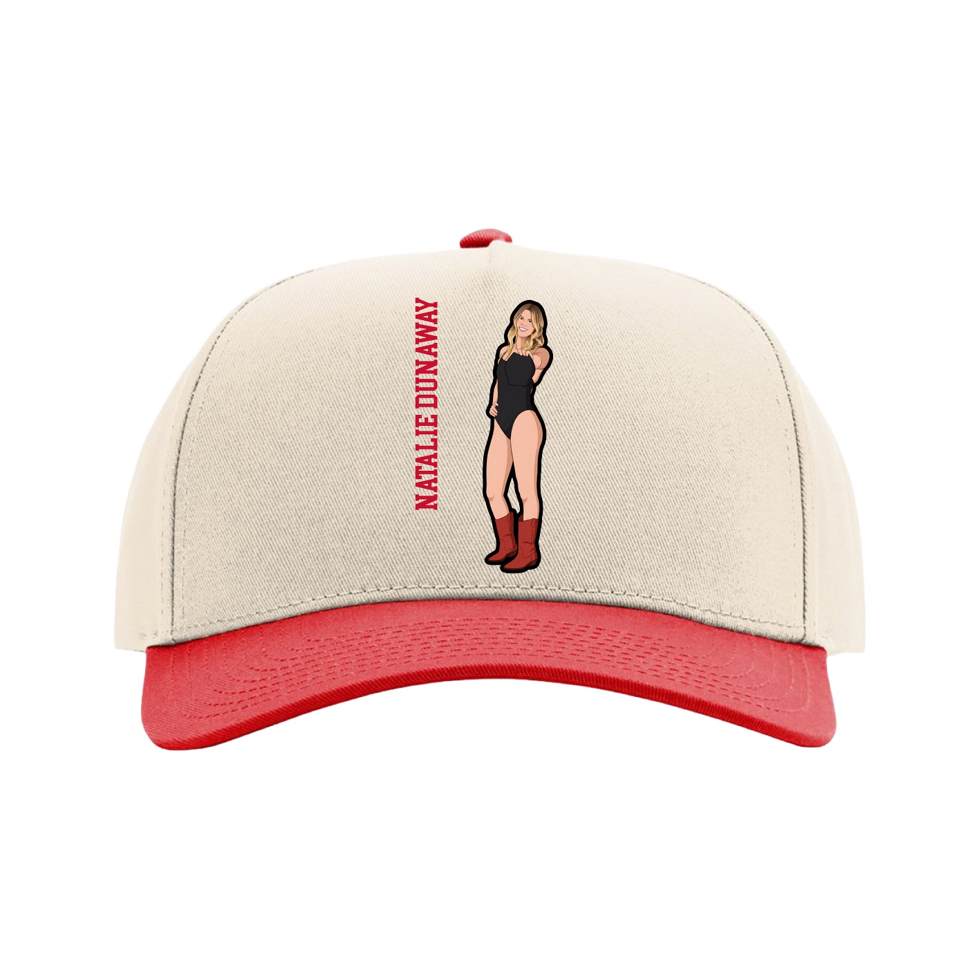 Full Fabric Five-Panel Champ Cap — Name Vertical in Cream/Red