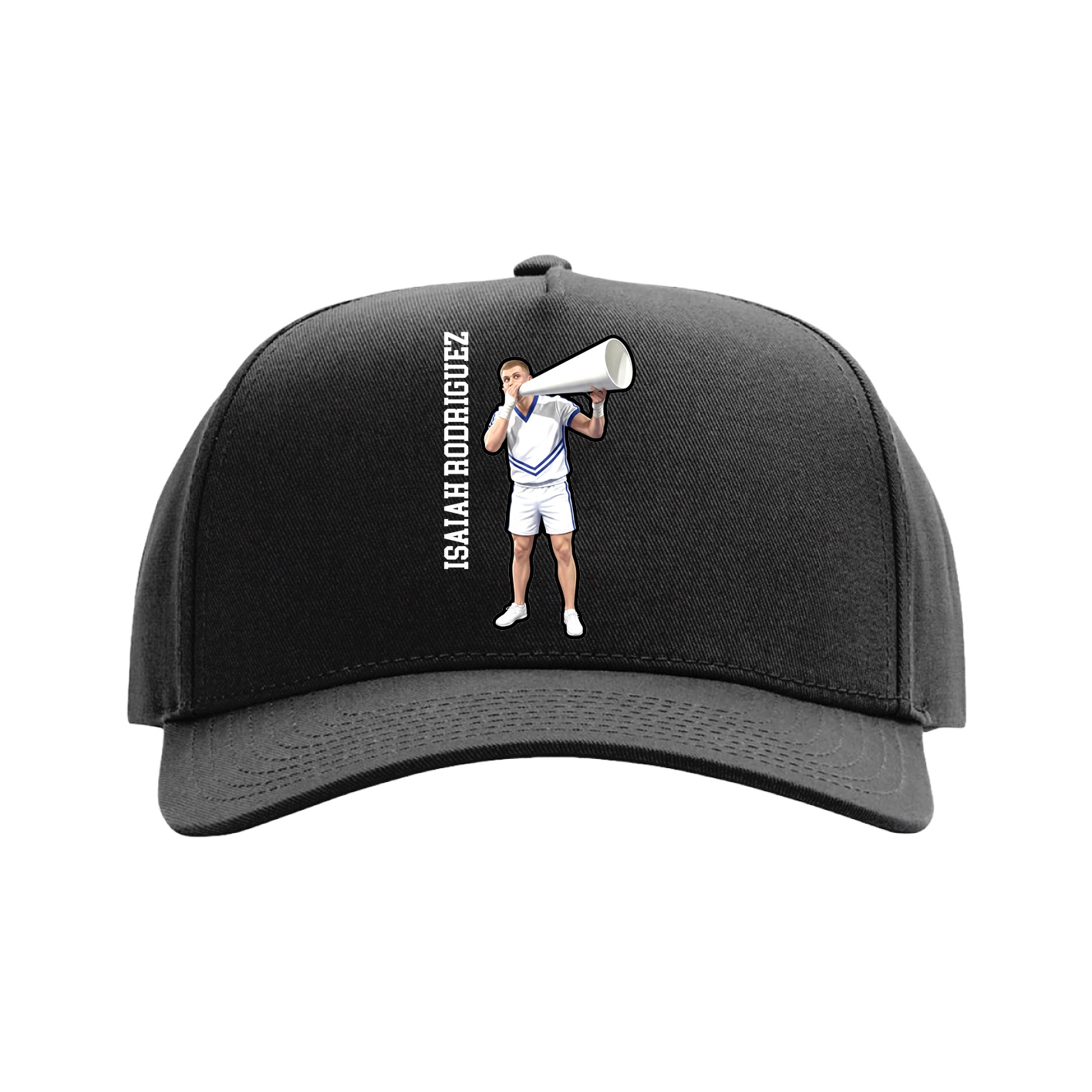 Full Fabric Five-Panel Champ Cap — Name Vertical in Black