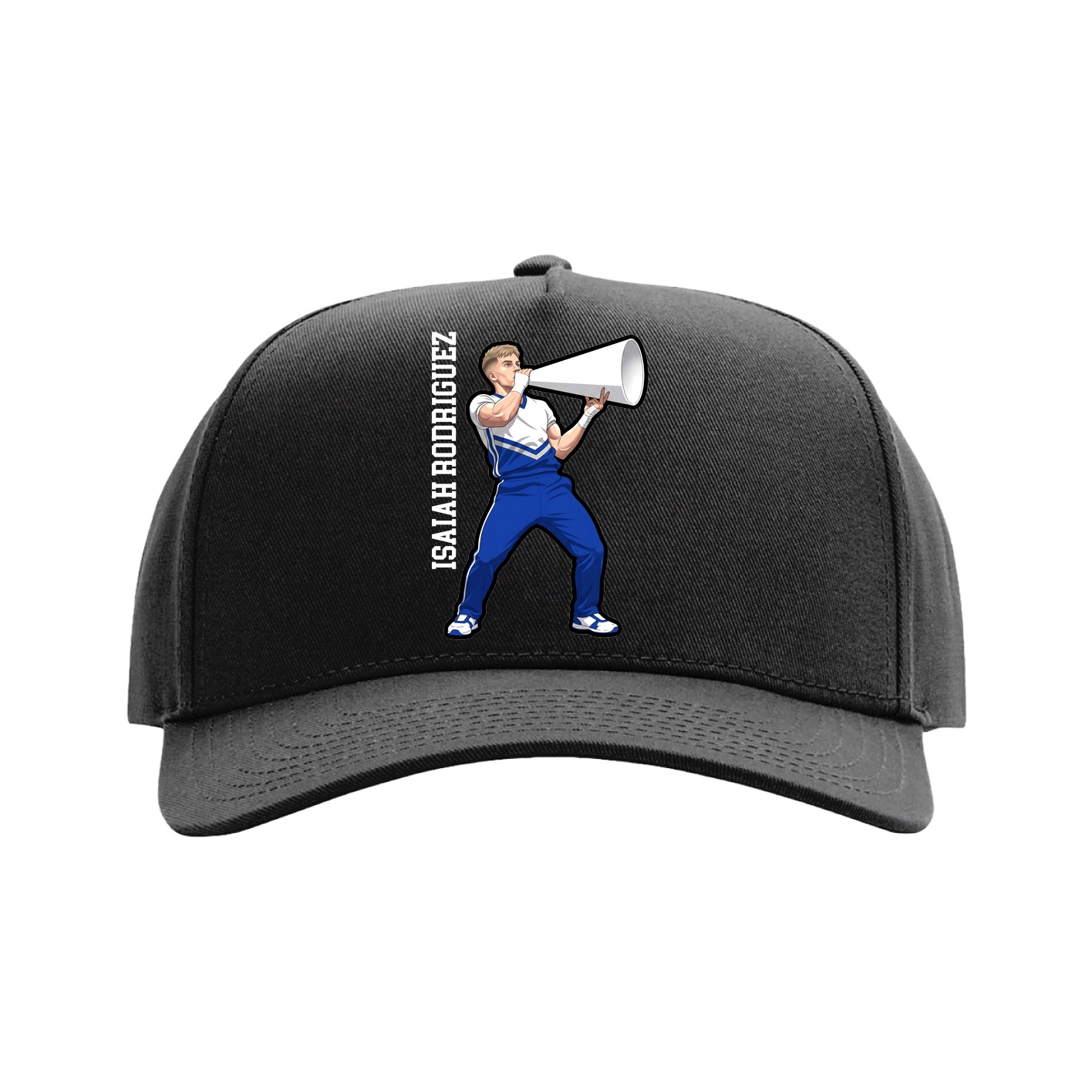 Full Fabric Five-Panel Champ Cap — Name Vertical in Black