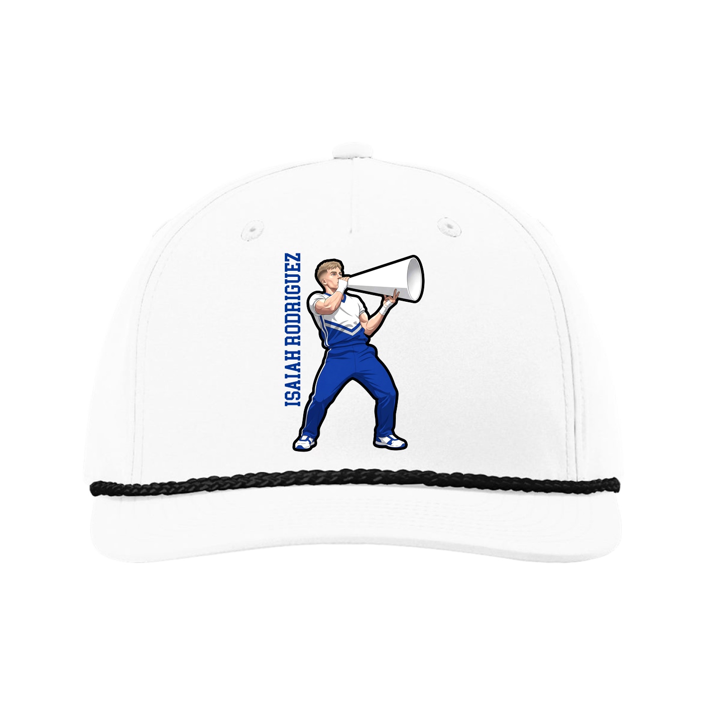 Five-Panel Classic Rope Cap — Name Vertical in White