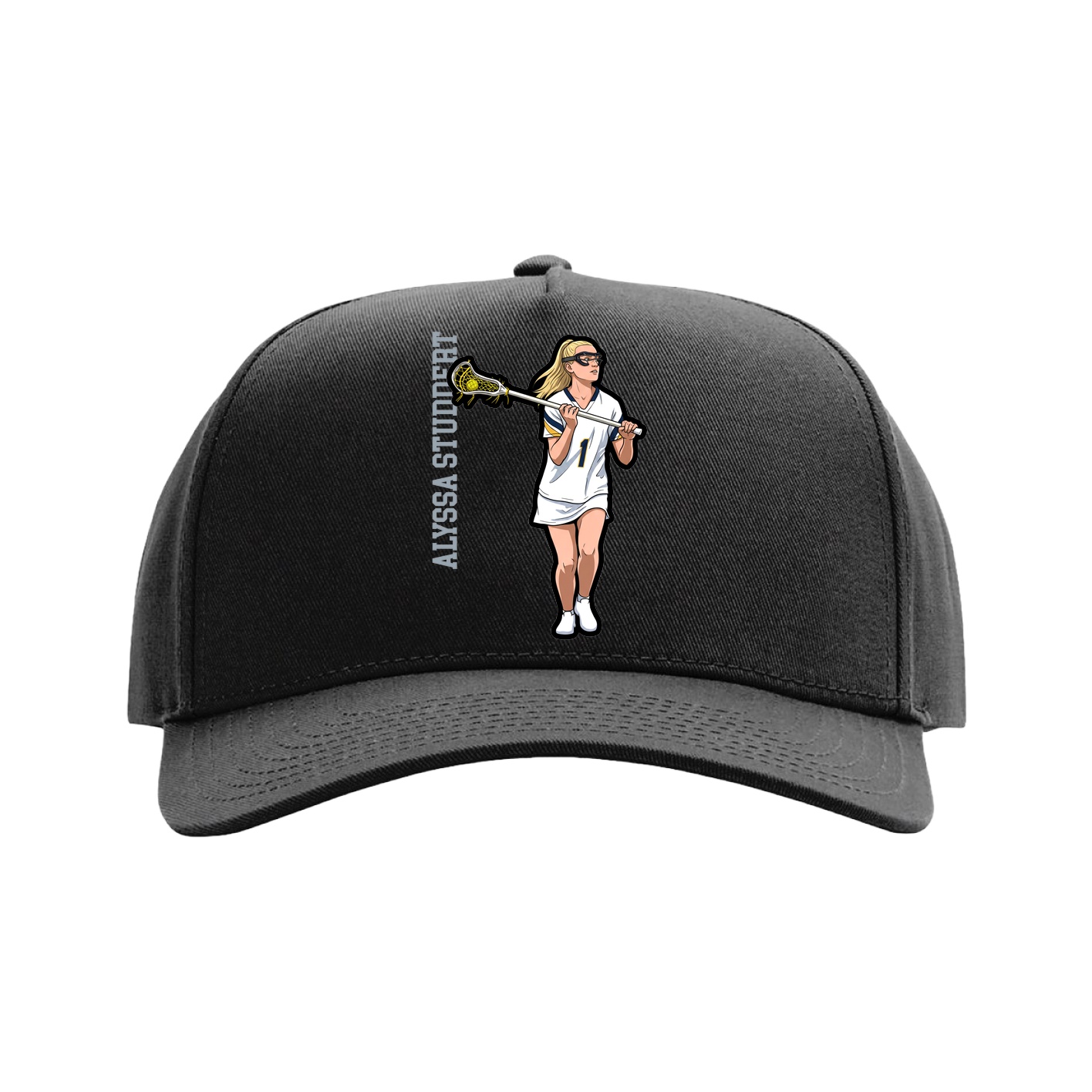 Full Fabric Five-Panel Champ Cap — Name Vertical in Black