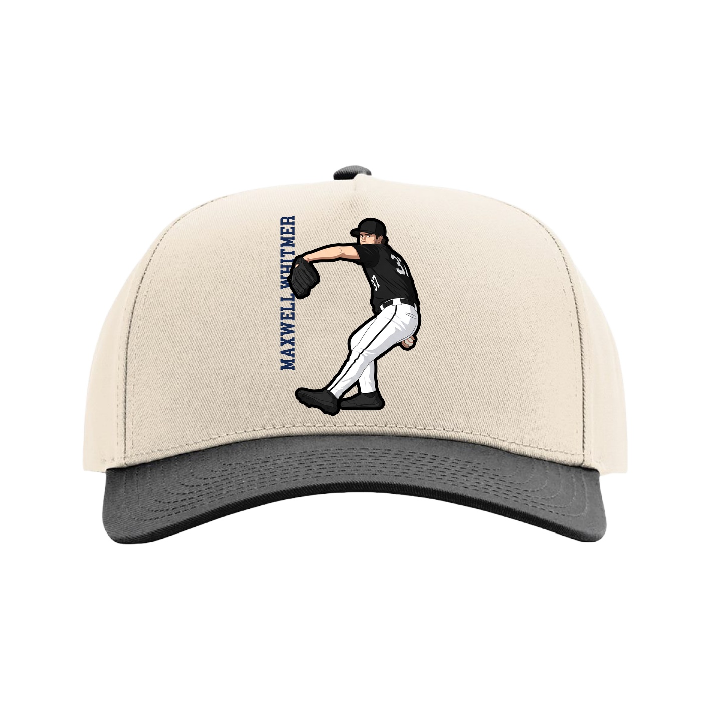 Full Fabric Five-Panel Champ Cap — Name Vertical in Cream/Black