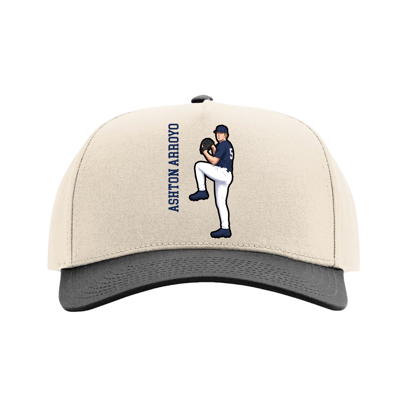 Full Fabric Five-Panel Champ Cap — Name Vertical in Cream/Black