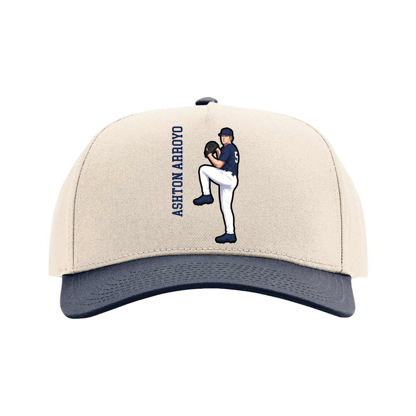 Full Fabric Five-Panel Champ Cap — Name Vertical in Cream/Navy