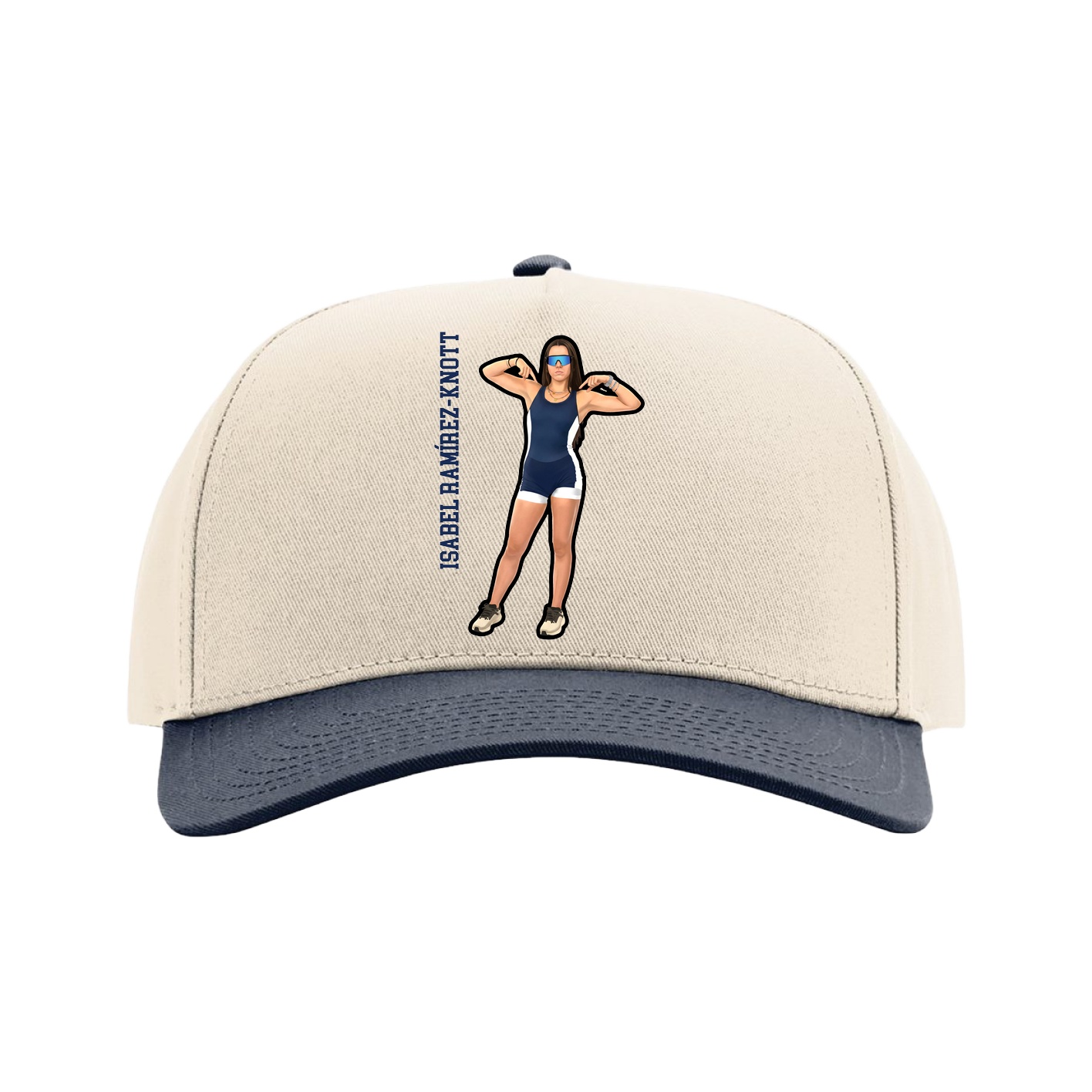 Full Fabric Five-Panel Champ Cap — Name Vertical in Cream/Navy