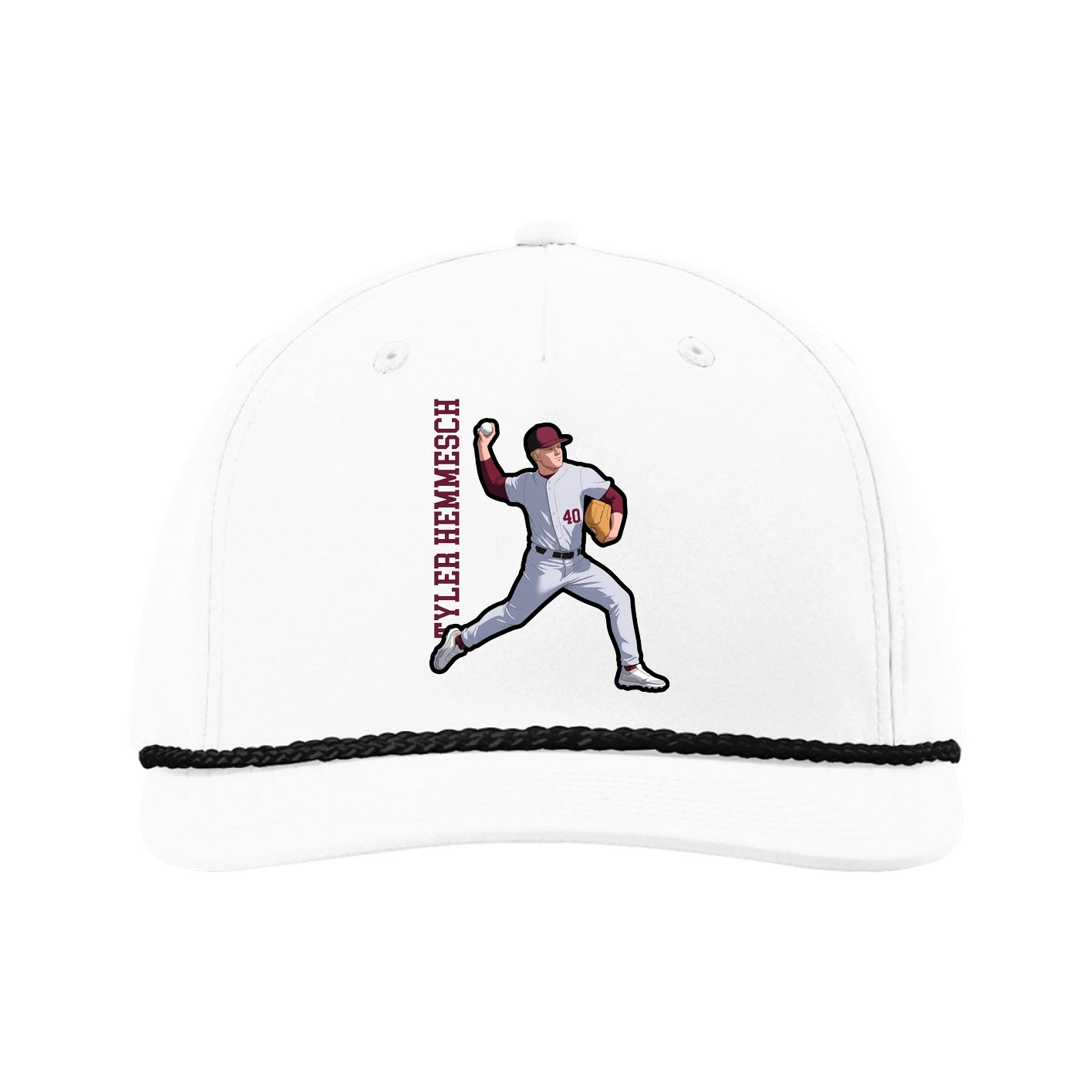 Five-Panel Classic Rope Cap — Name Vertical in White