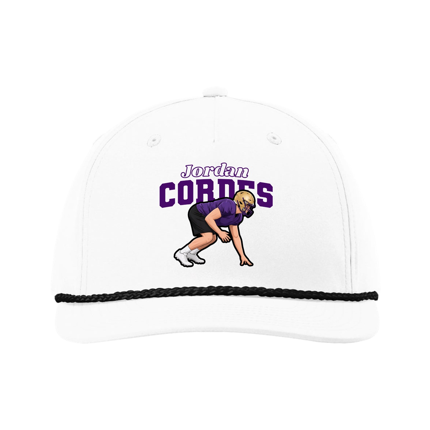 Five-Panel Classic Rope Cap — Name Arch in White