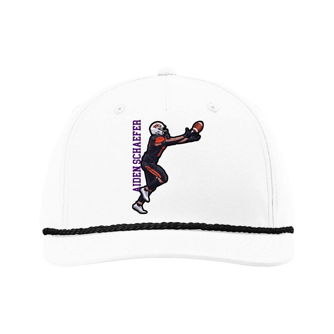 Five-Panel Classic Rope Cap — Name Vertical in White