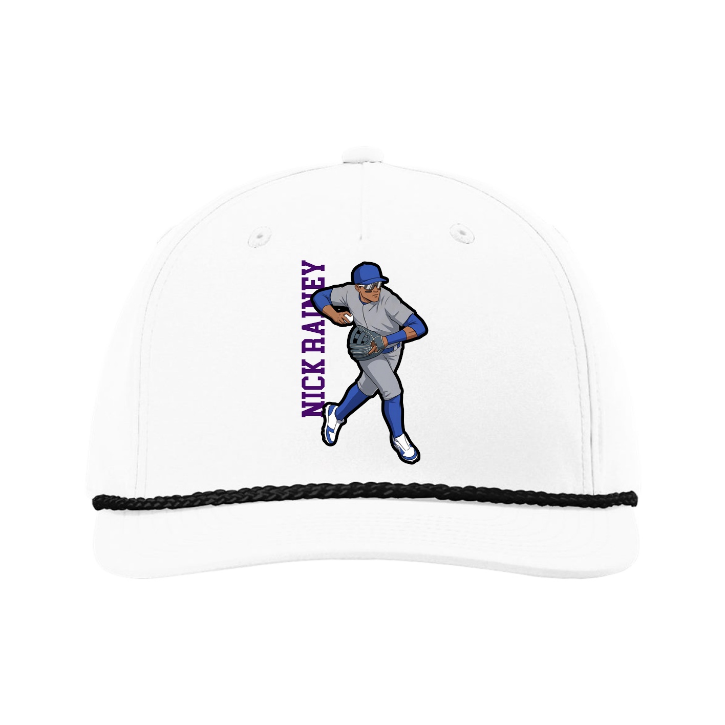 Five-Panel Classic Rope Cap — Name Vertical in White
