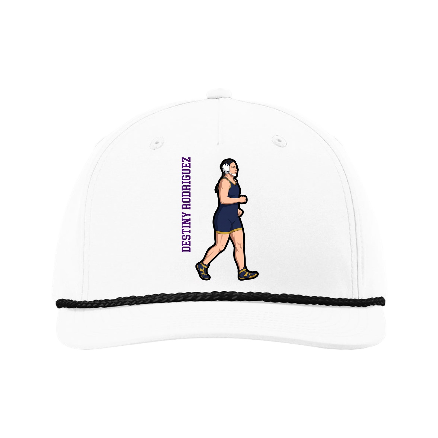 Five-Panel Classic Rope Cap — Name Vertical in White