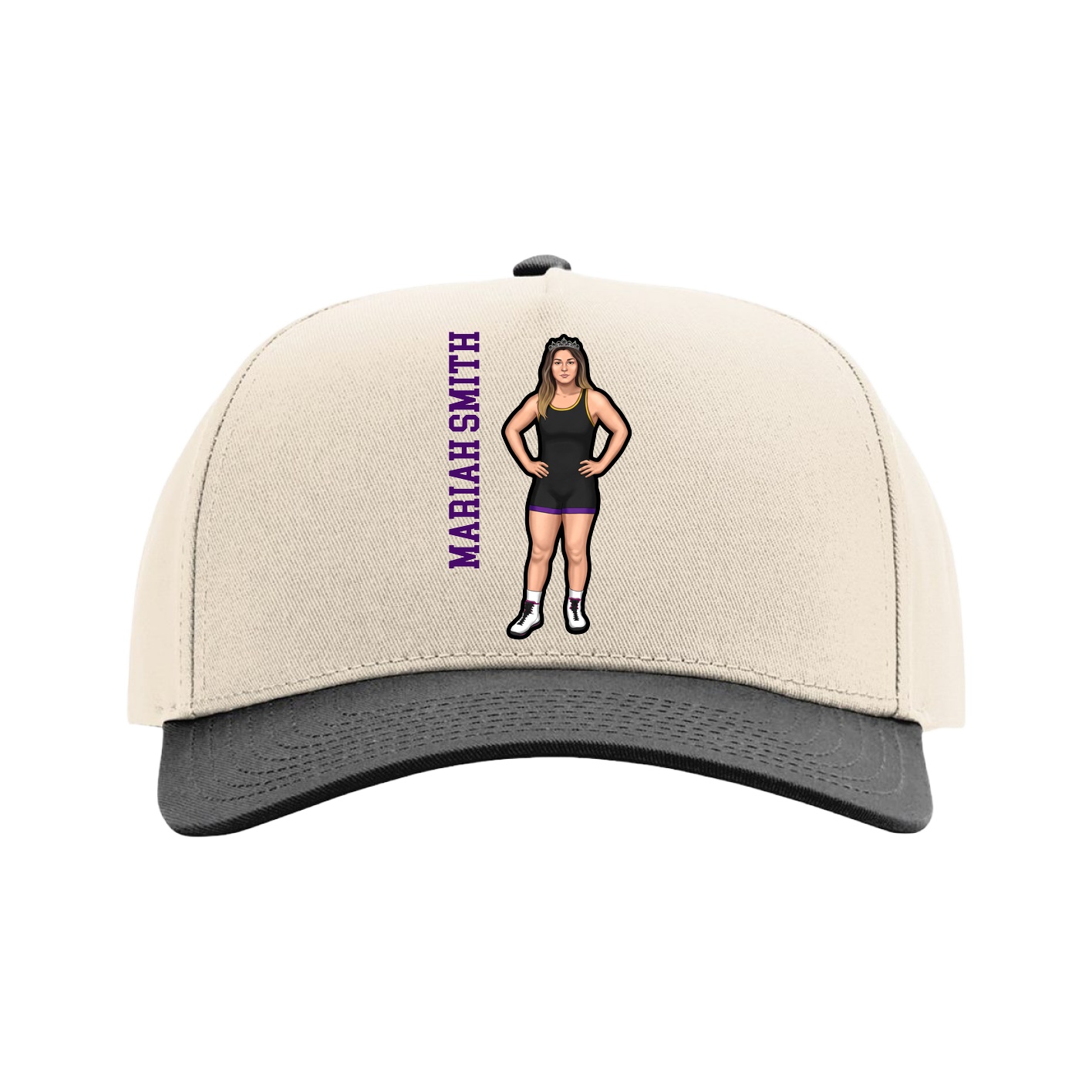 Full Fabric Five-Panel Champ Cap — Name Vertical in Cream/Black