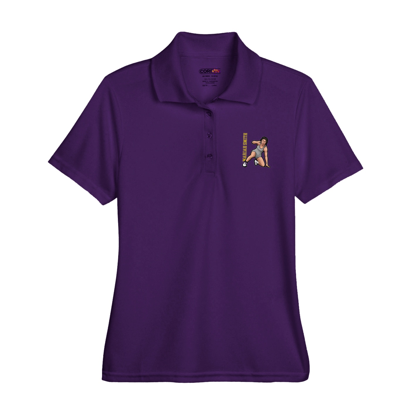 Womens Performance Polo — Name Vertical in Purple