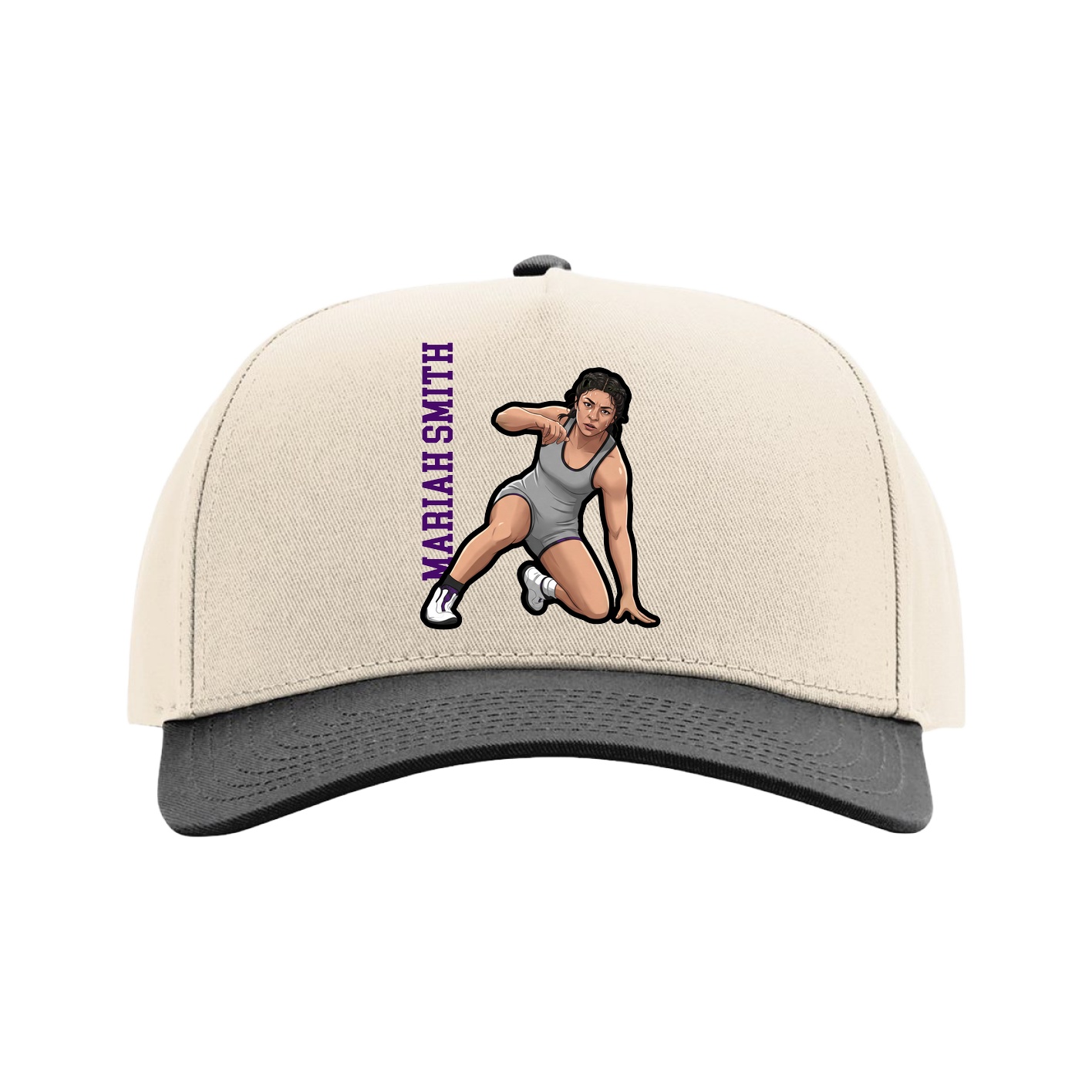 Full Fabric Five-Panel Champ Cap — Name Vertical in Cream/Black