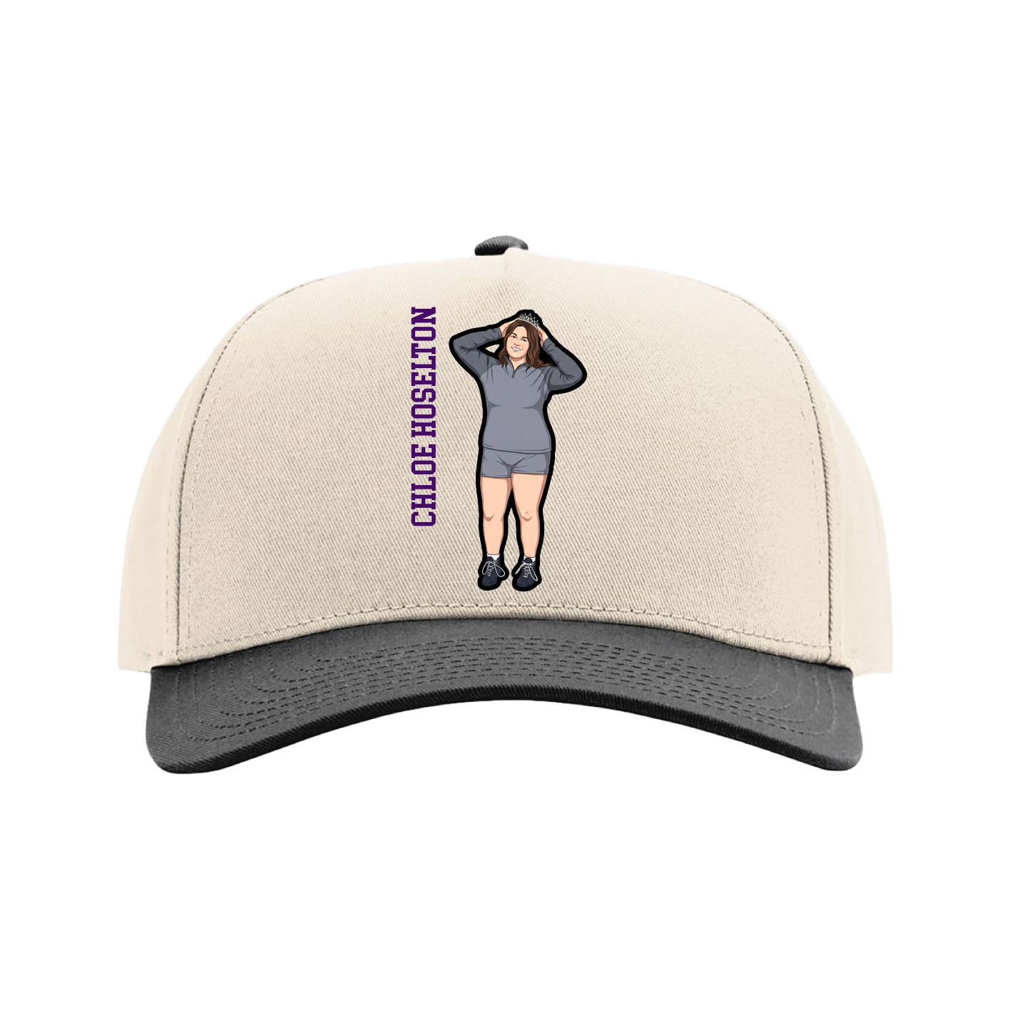 Full Fabric Five-Panel Champ Cap — Name Vertical in Cream/Black