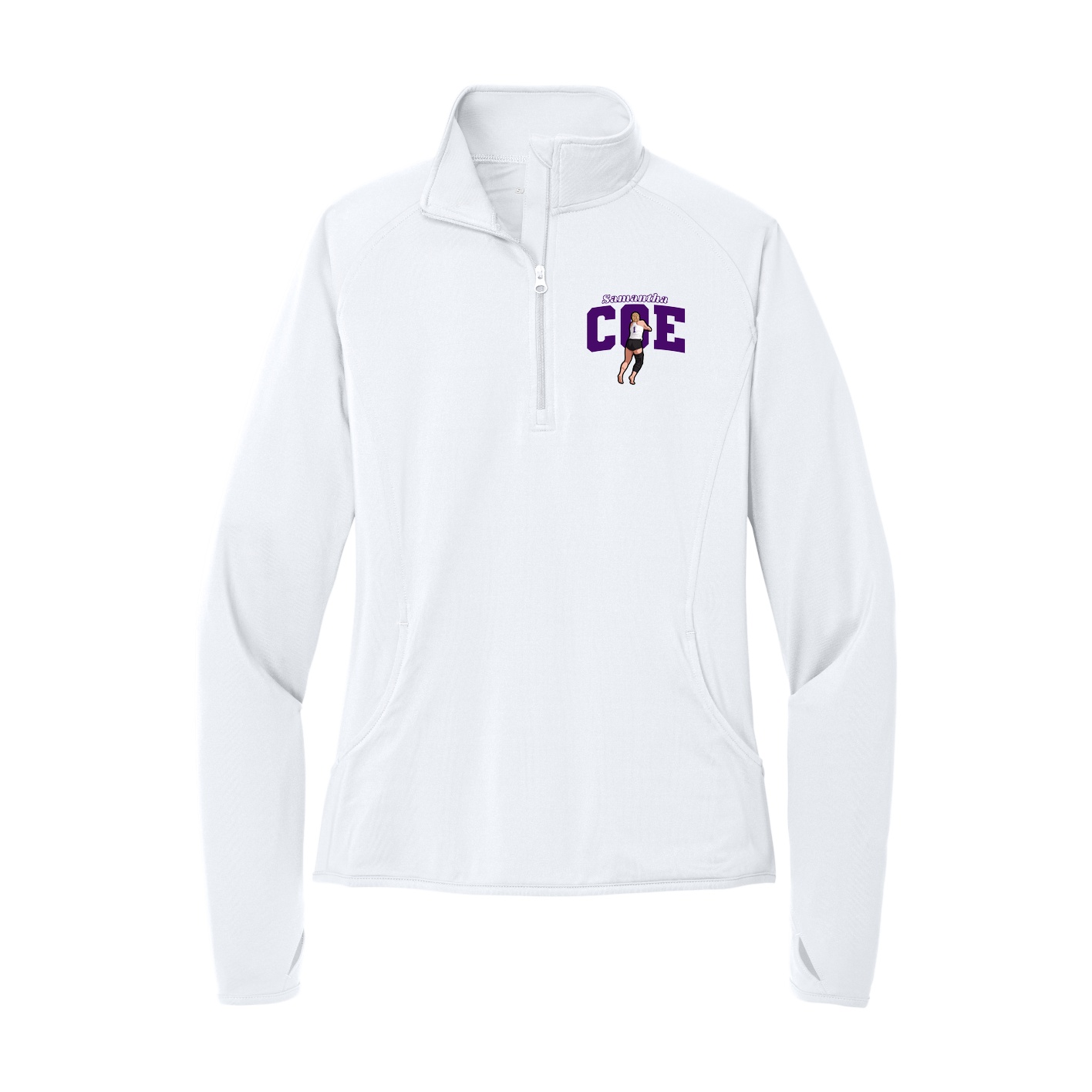 Women's Q-Zip Pullover — Name Arch in White