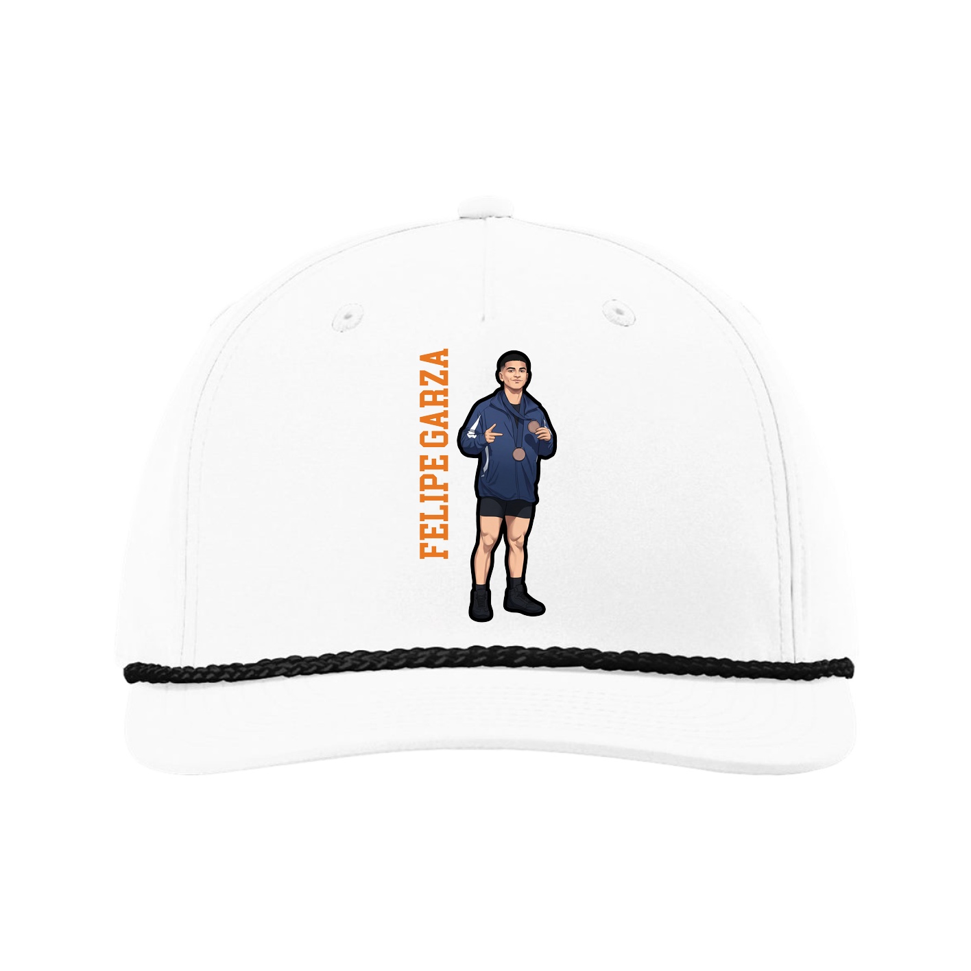 Five-Panel Classic Rope Cap — Name Vertical in White