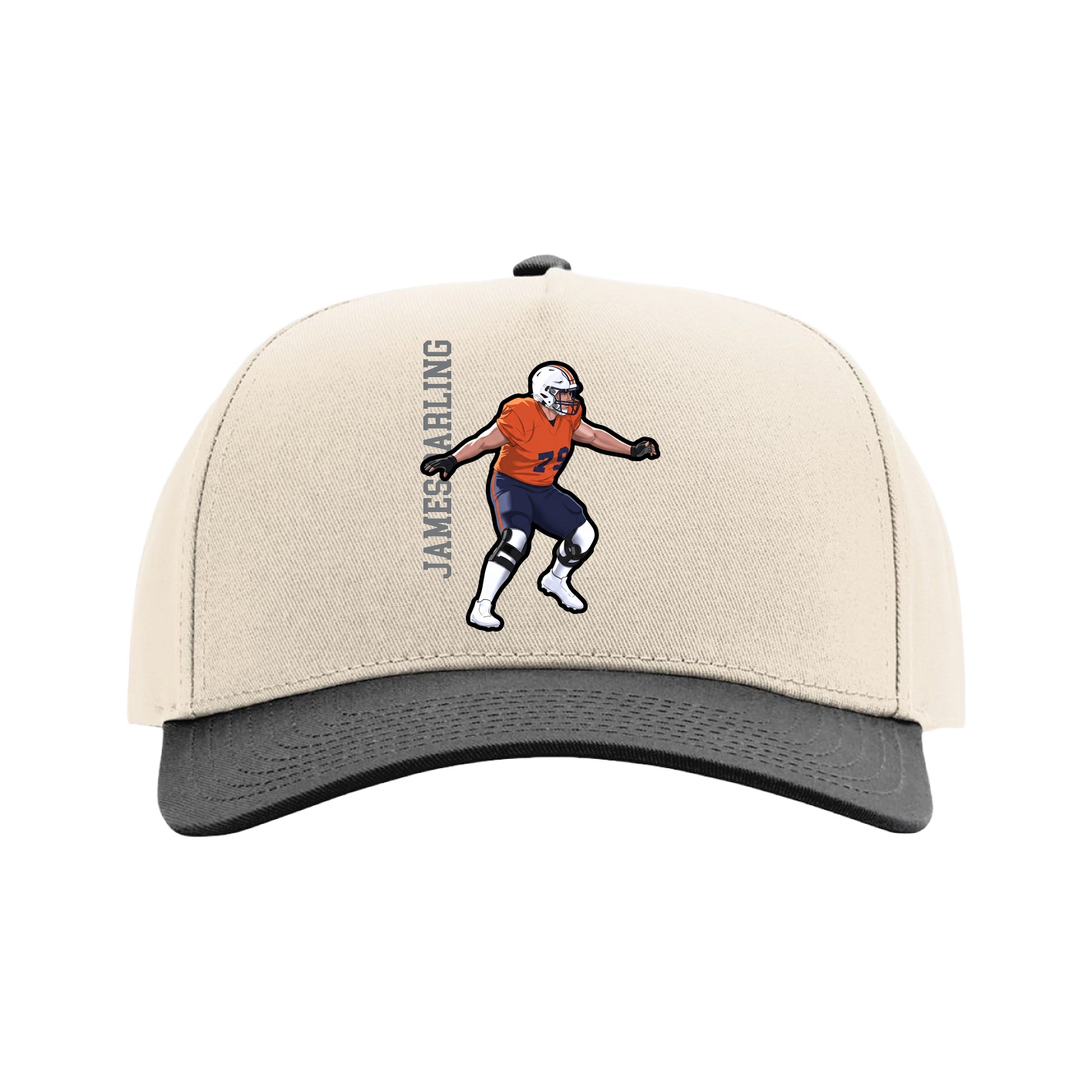 Full Fabric Five-Panel Champ Cap — Name Vertical in Cream/Black