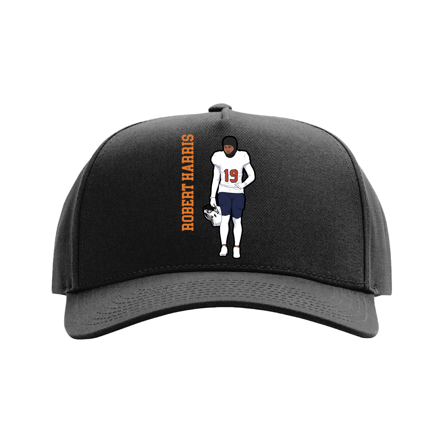 Full Fabric Five-Panel Champ Cap — Name Vertical in Black