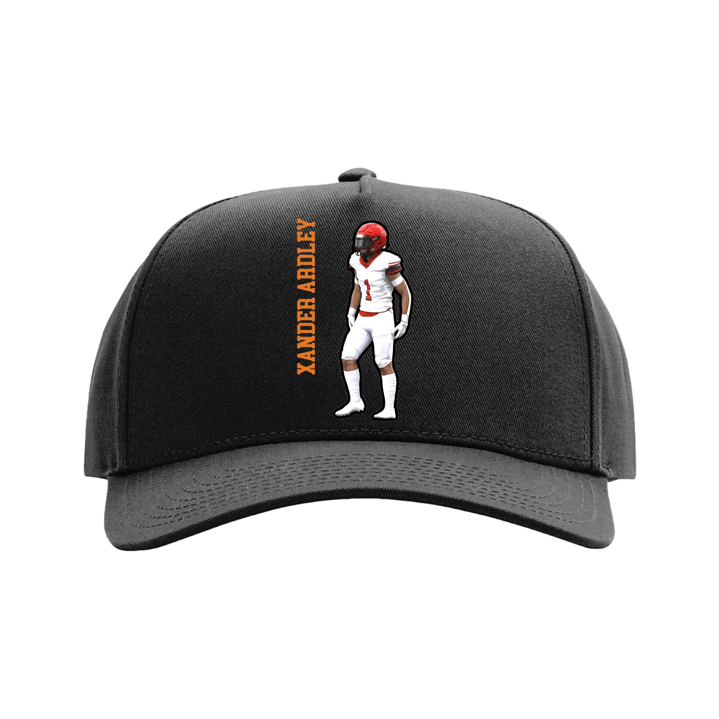 Full Fabric Five-Panel Champ Cap — Name Vertical in Black