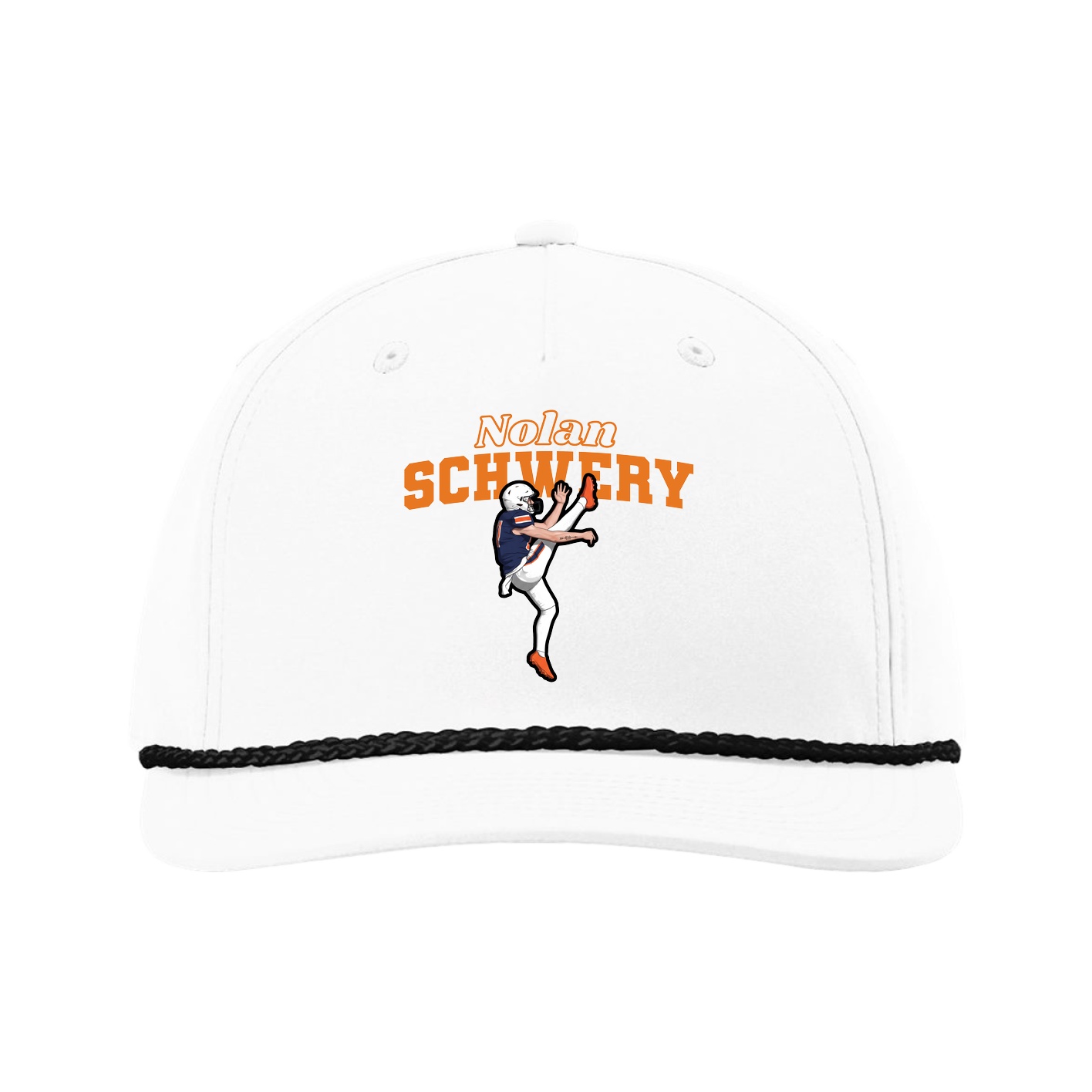 Five-Panel Classic Rope Cap — Name Arch in White