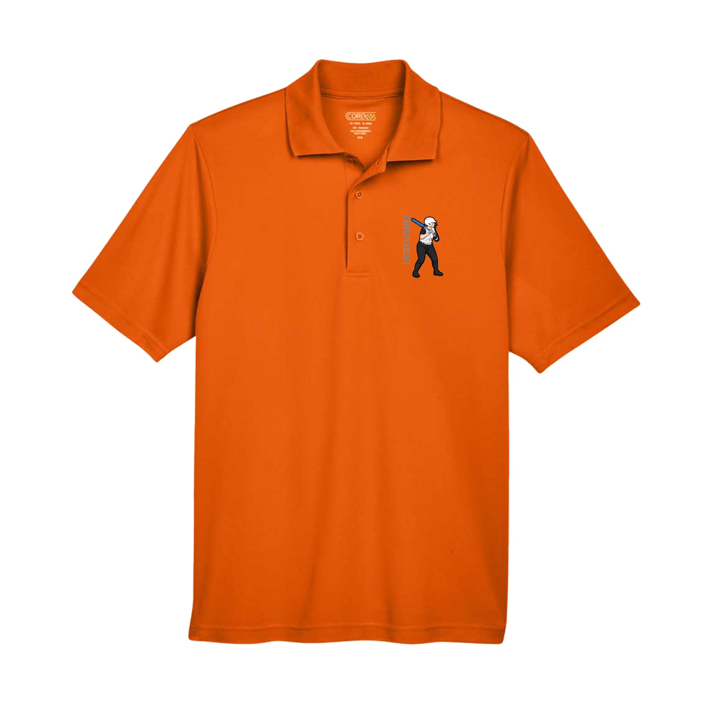 Performance Polo — Name Vertical in Orange