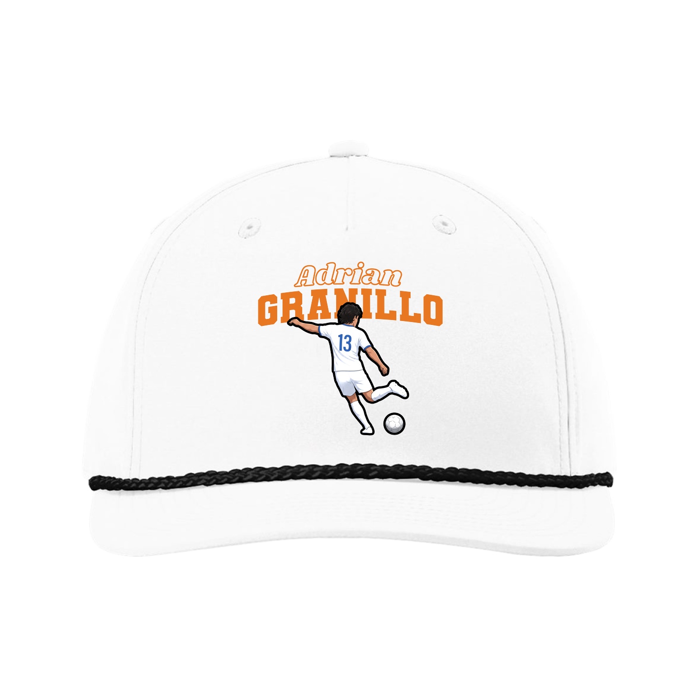 Five-Panel Classic Rope Cap — Name Arch in White