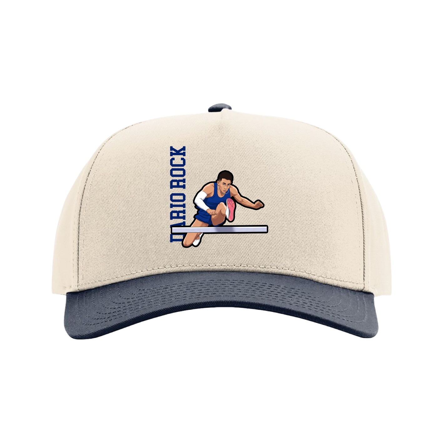 Full Fabric Five-Panel Champ Cap — Name Vertical in Cream/Navy