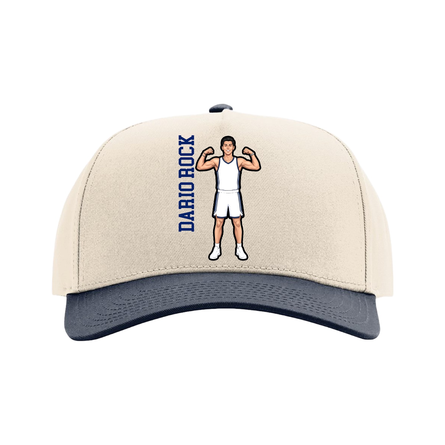 Full Fabric Five-Panel Champ Cap — Name Vertical in Cream/Navy