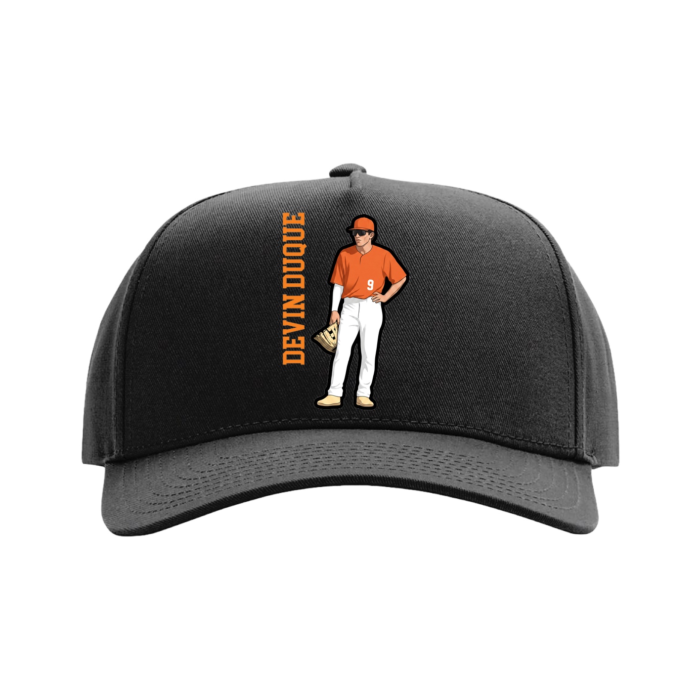 Full Fabric Five-Panel Champ Cap — Name Vertical in Black