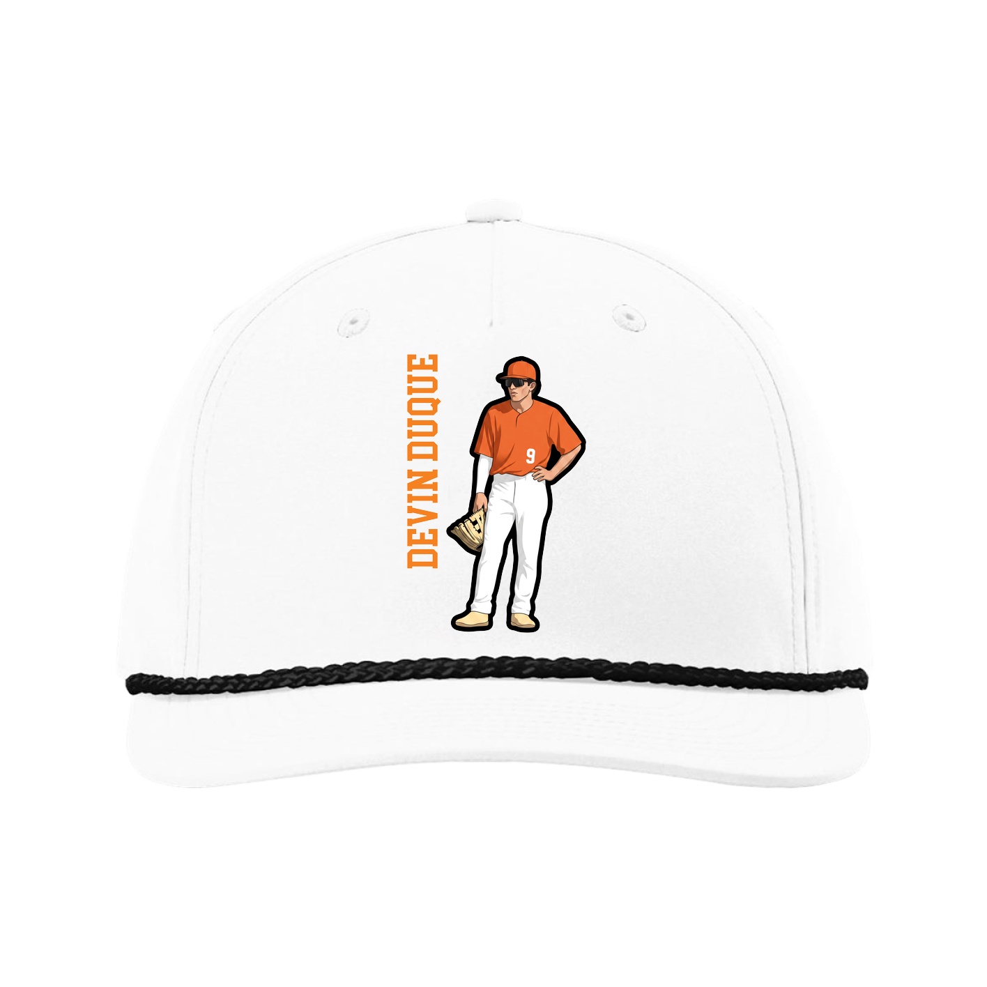 Five-Panel Classic Rope Cap — Name Vertical in White
