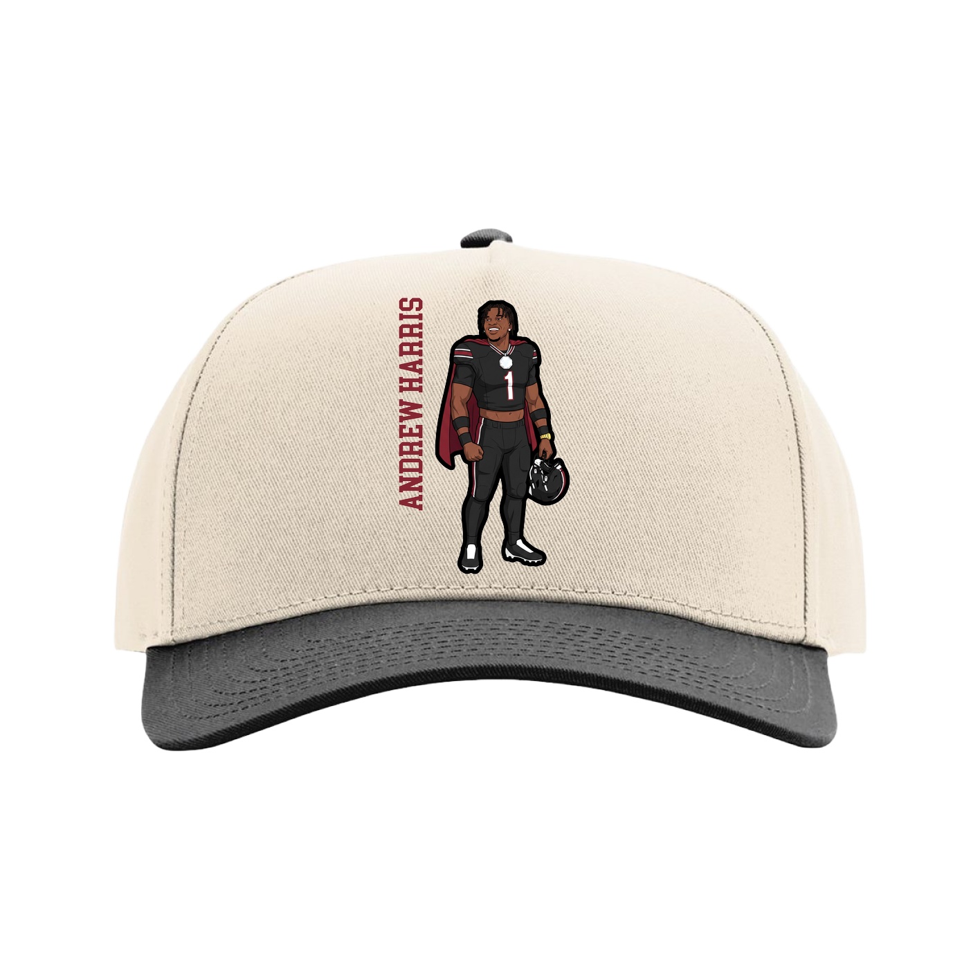 Full Fabric Five-Panel Champ Cap — Name Vertical in Cream/Black