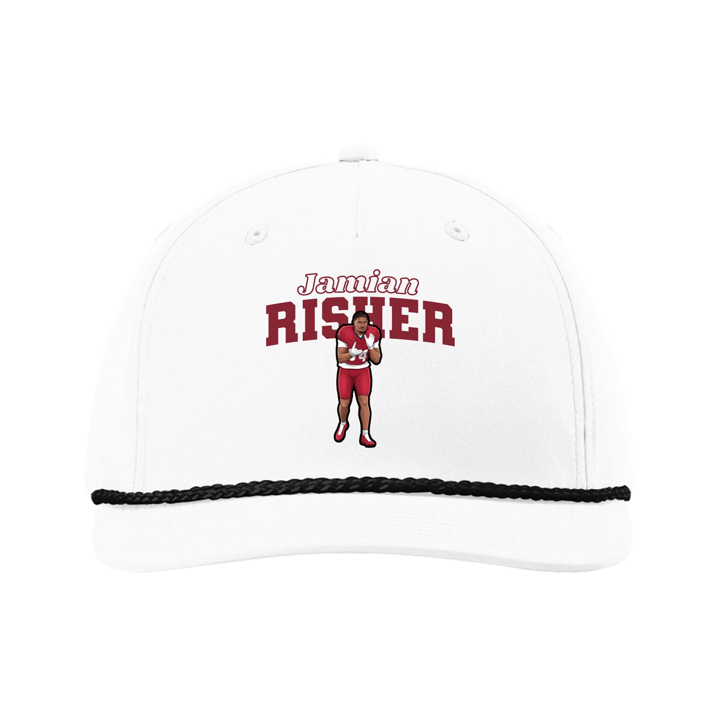 Five-Panel Classic Rope Cap — Name Arch in White