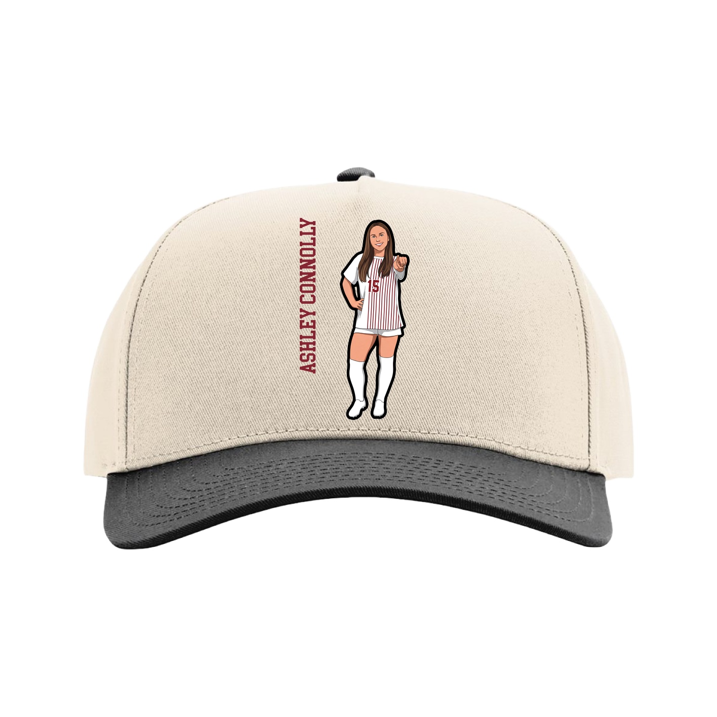 Full Fabric Five-Panel Champ Cap — Name Vertical in Cream/Black