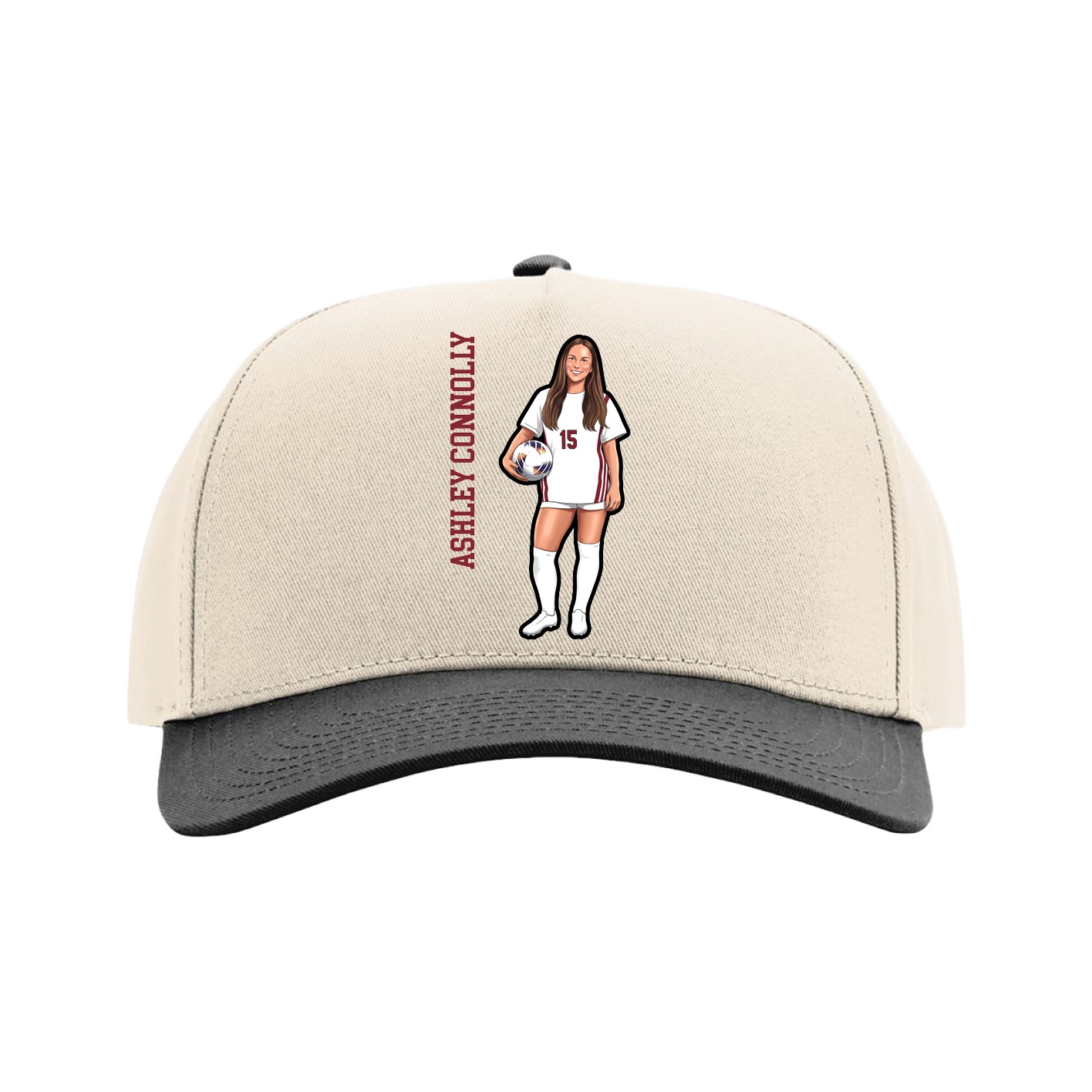 Full Fabric Five-Panel Champ Cap — Name Vertical in Cream/Black