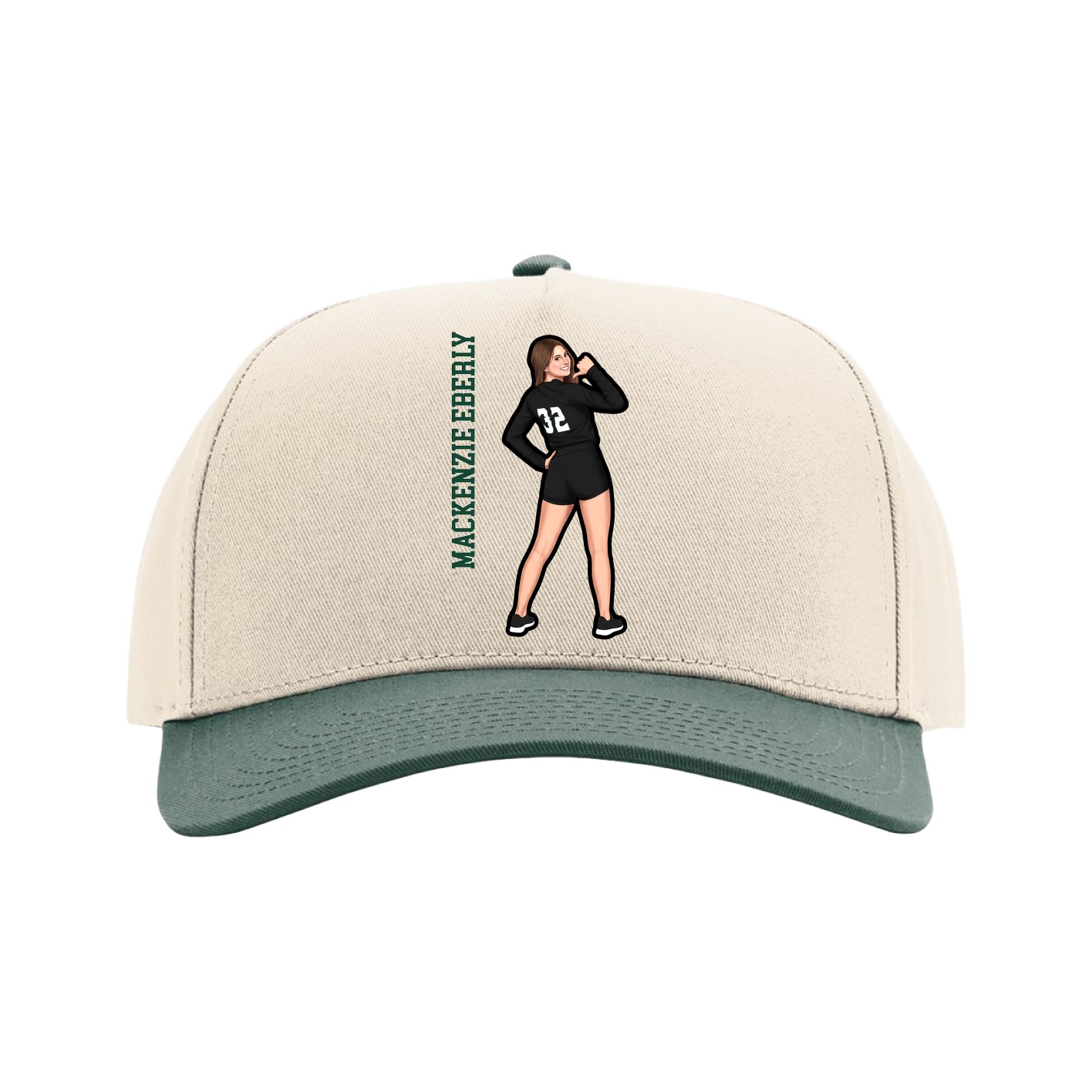 Full Fabric Five-Panel Champ Cap — Name Vertical in Cream/Green