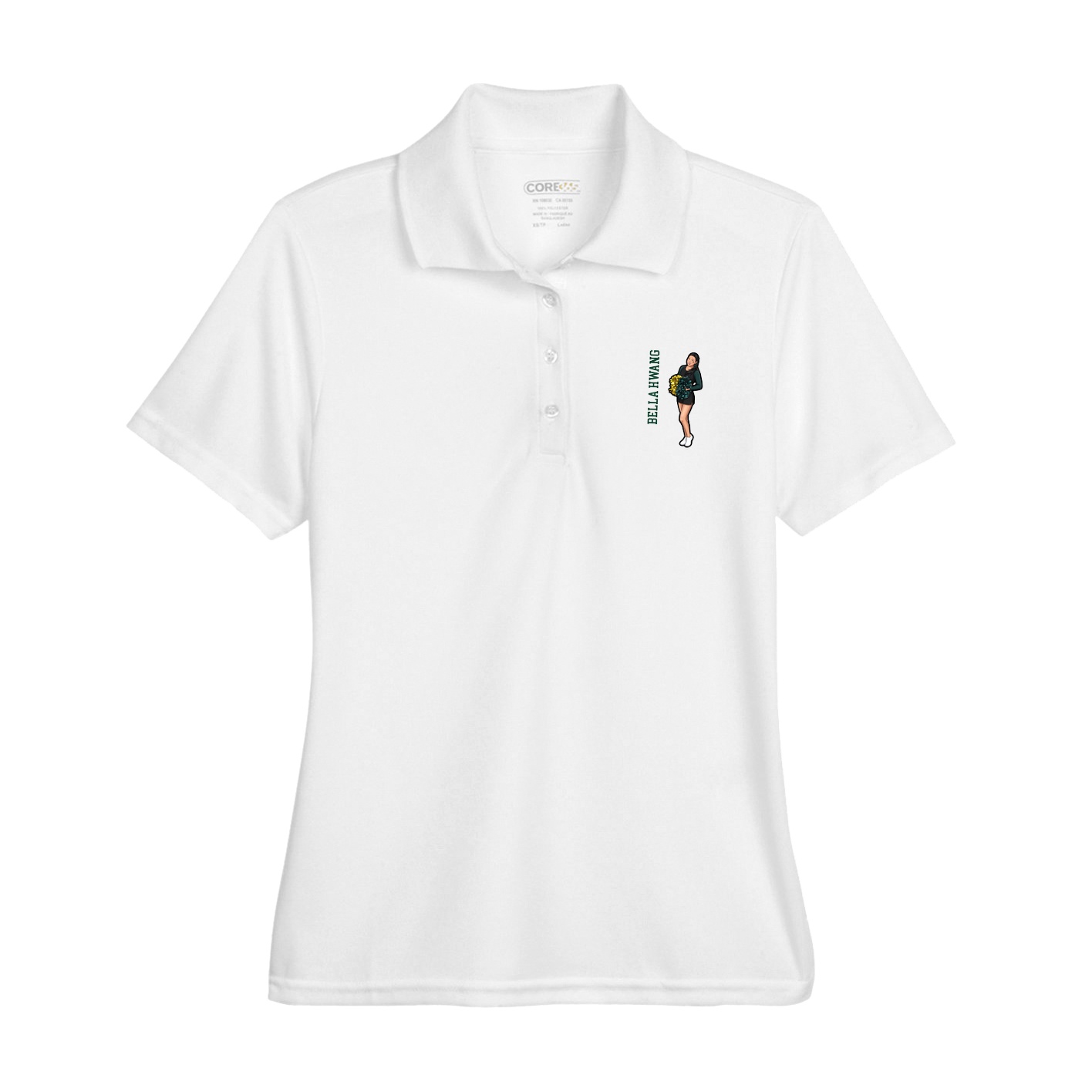 Womens Performance Polo — Name Vertical in White