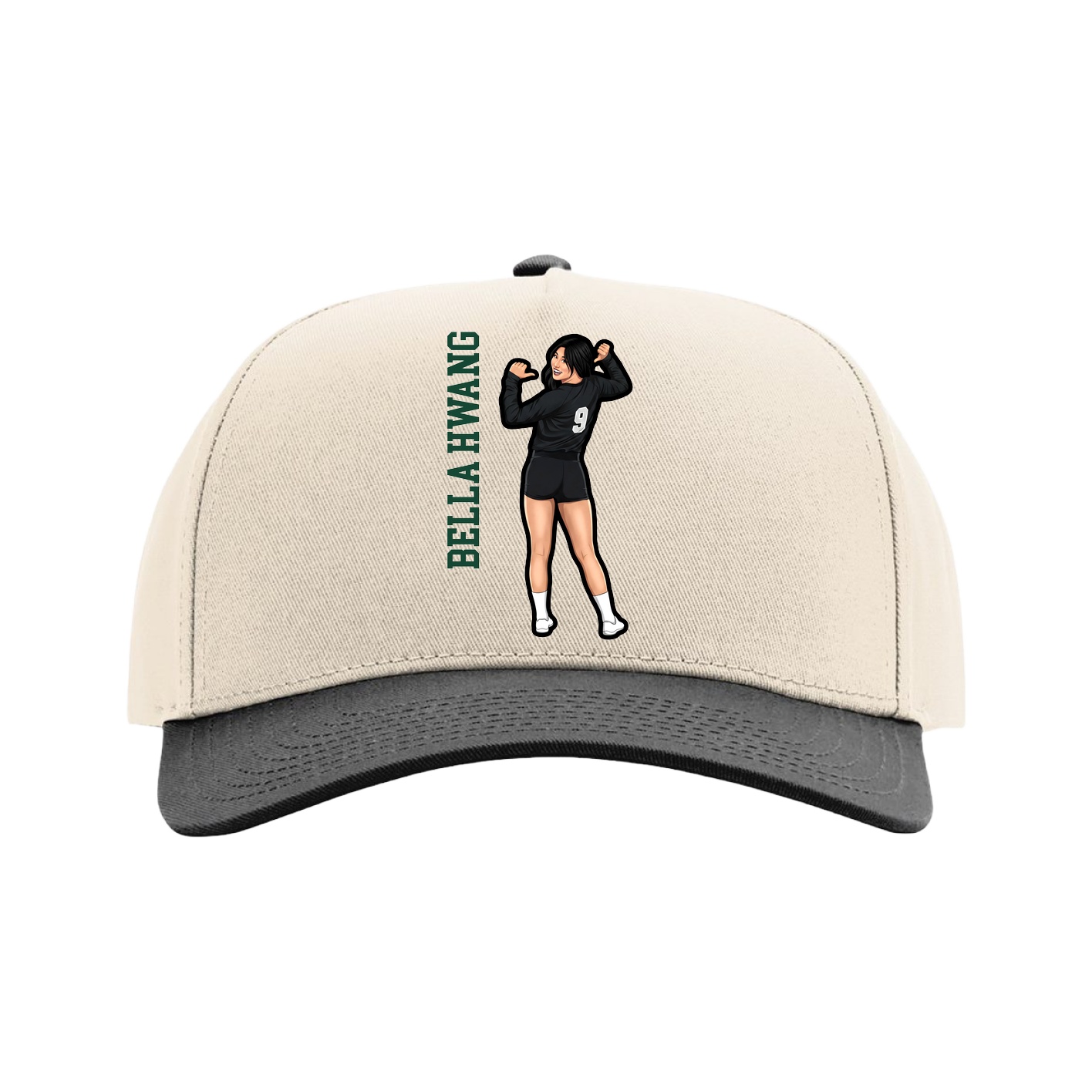 Full Fabric Five-Panel Champ Cap — Name Vertical in Cream/Black