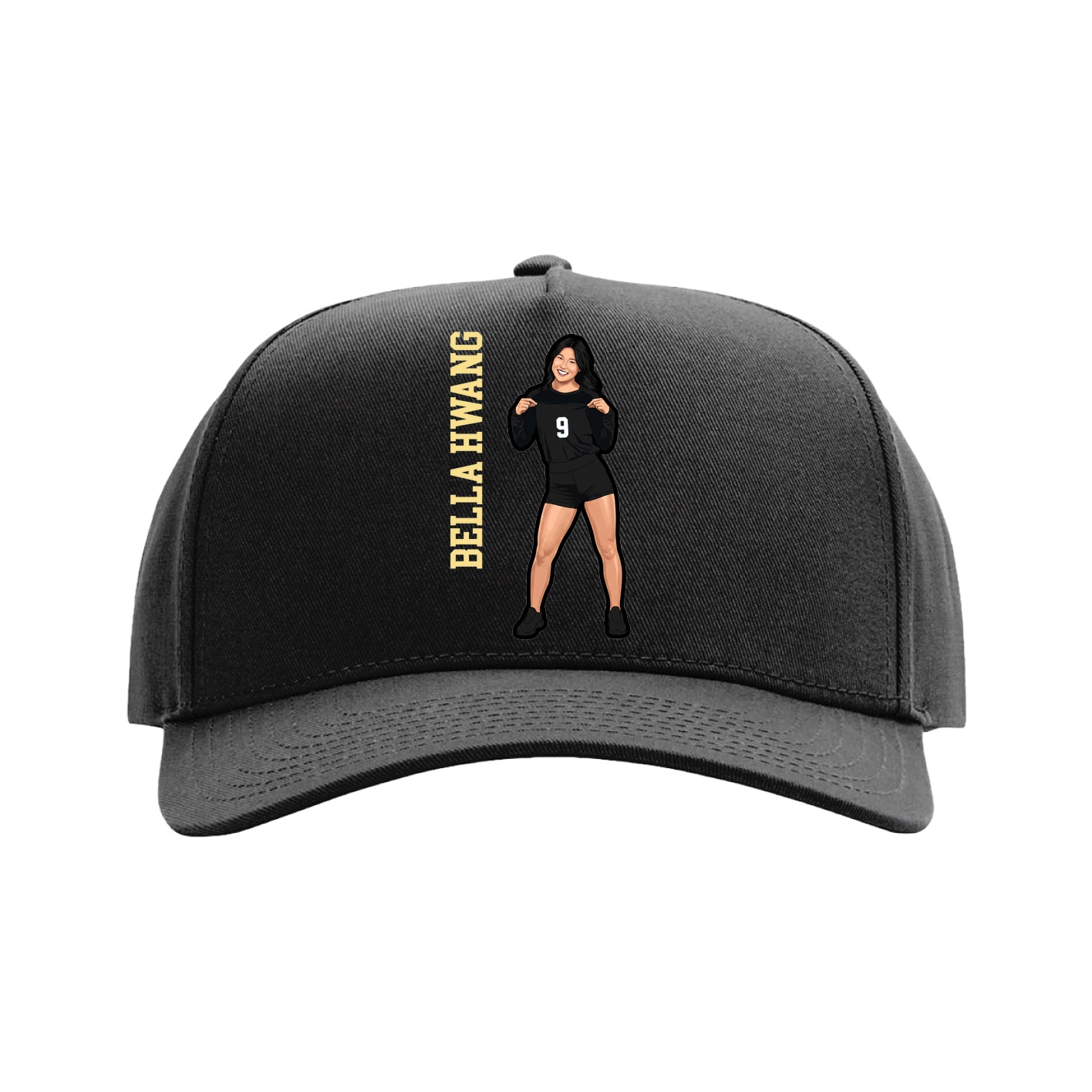 Full Fabric Five-Panel Champ Cap — Name Vertical in Black