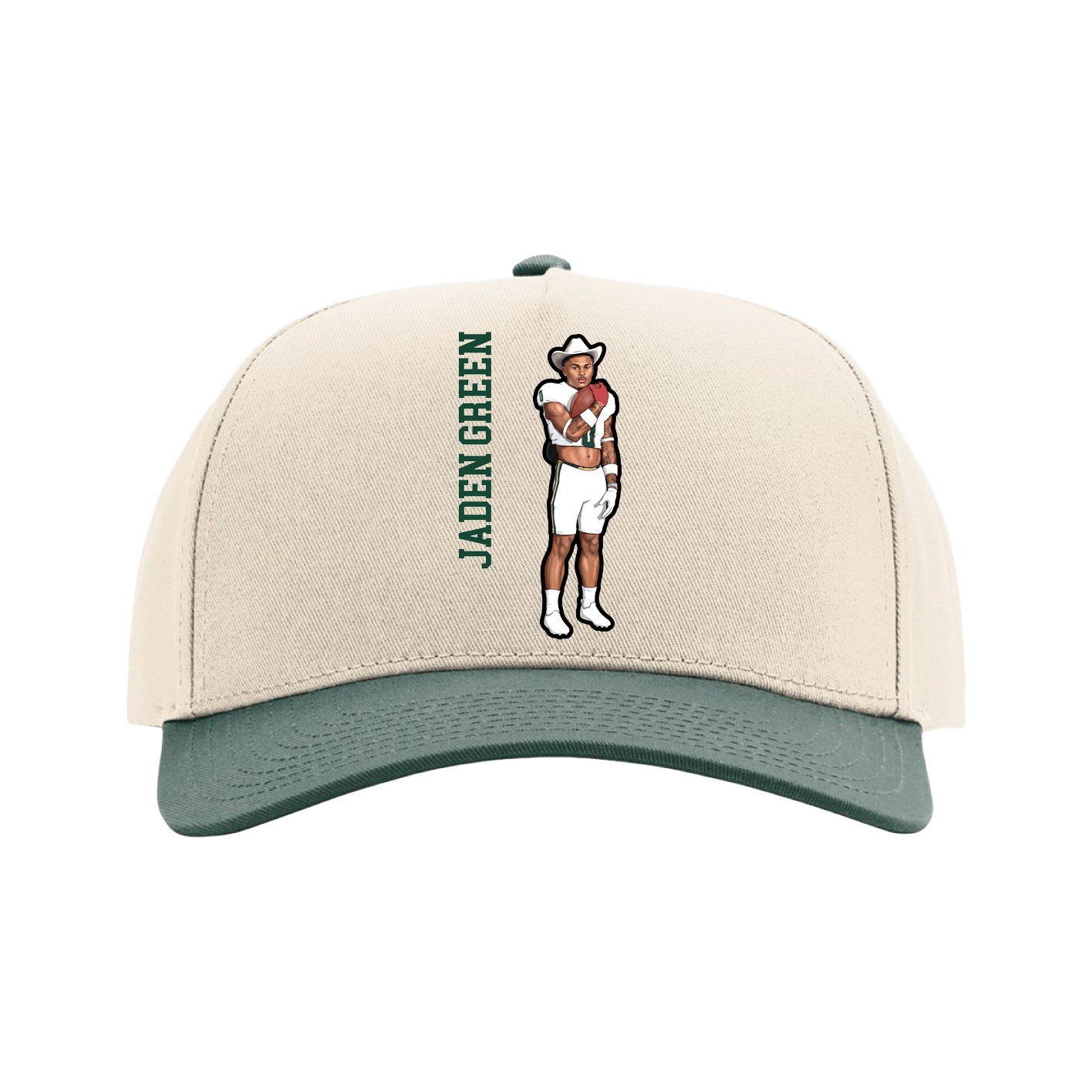 Full Fabric Five-Panel Champ Cap — Name Vertical in Cream/Green