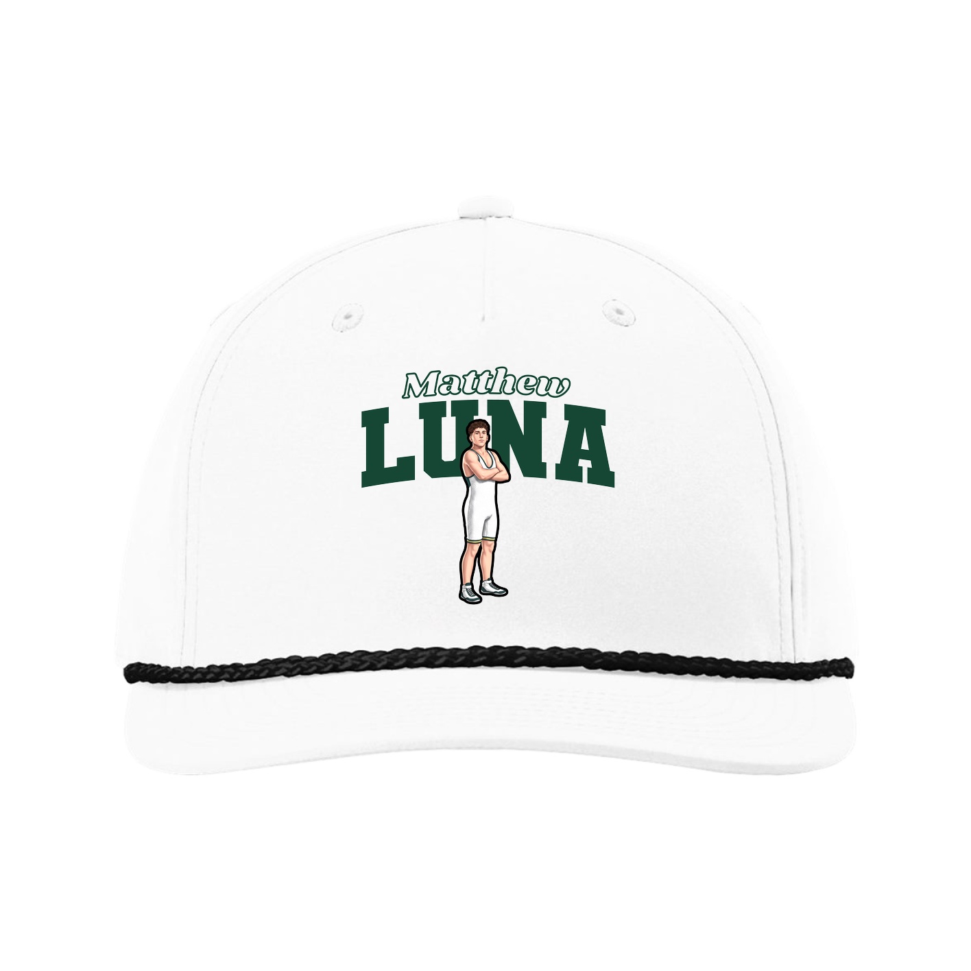 Five-Panel Classic Rope Cap — Name Arch in White