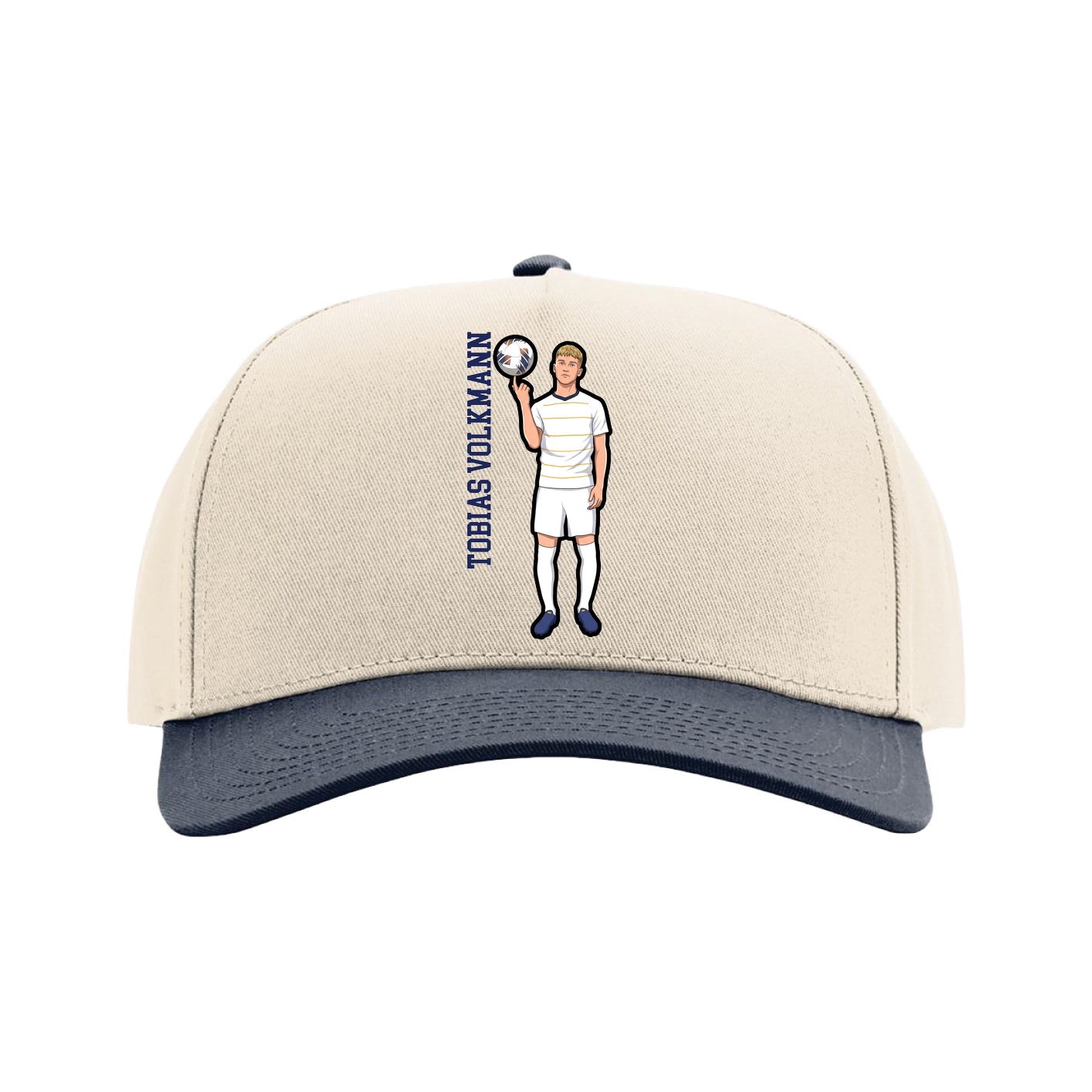 Full Fabric Five-Panel Champ Cap — Name Vertical in Cream/Navy