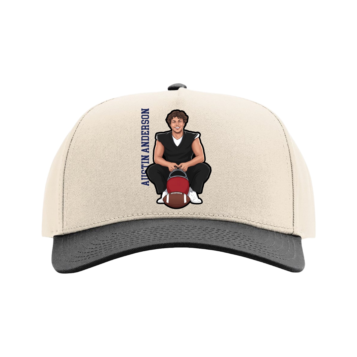 Full Fabric Five-Panel Champ Cap — Name Vertical in Cream/Black