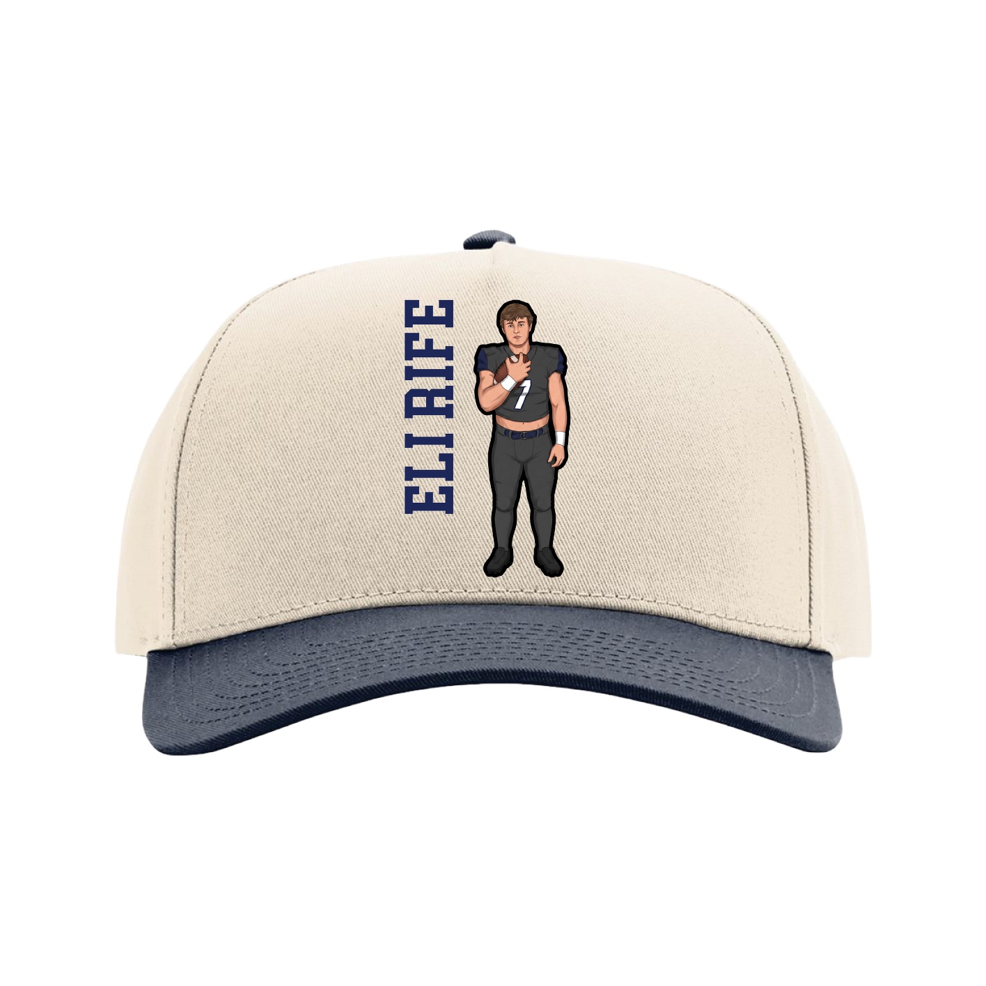 Full Fabric Five-Panel Champ Cap — Name Vertical in Cream/Navy