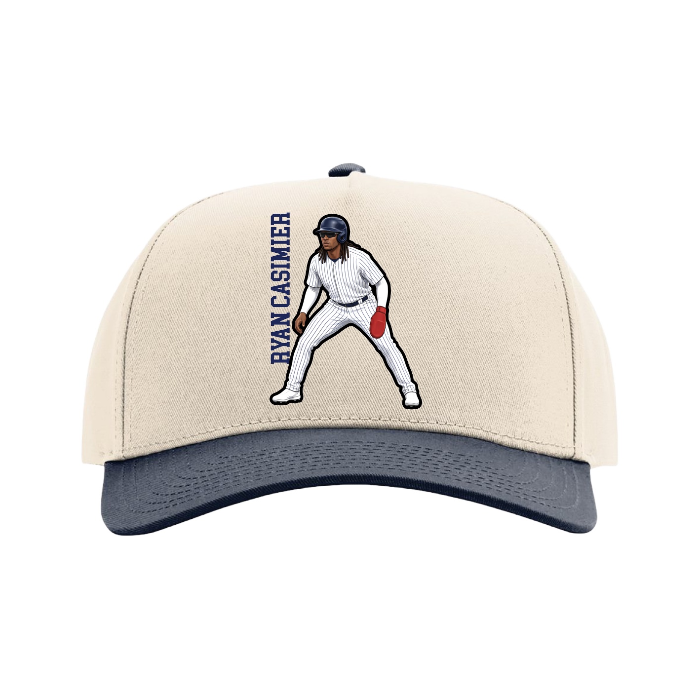 Full Fabric Five-Panel Champ Cap — Name Vertical in Cream/Navy