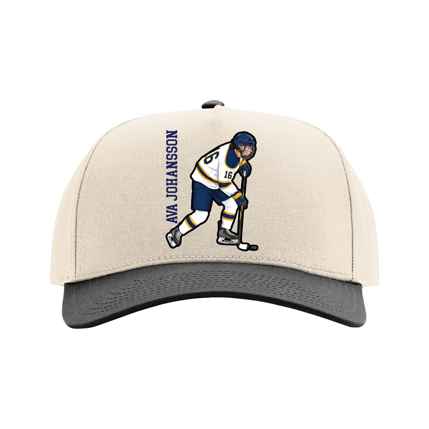 Full Fabric Five-Panel Champ Cap — Name Vertical in Cream/Black