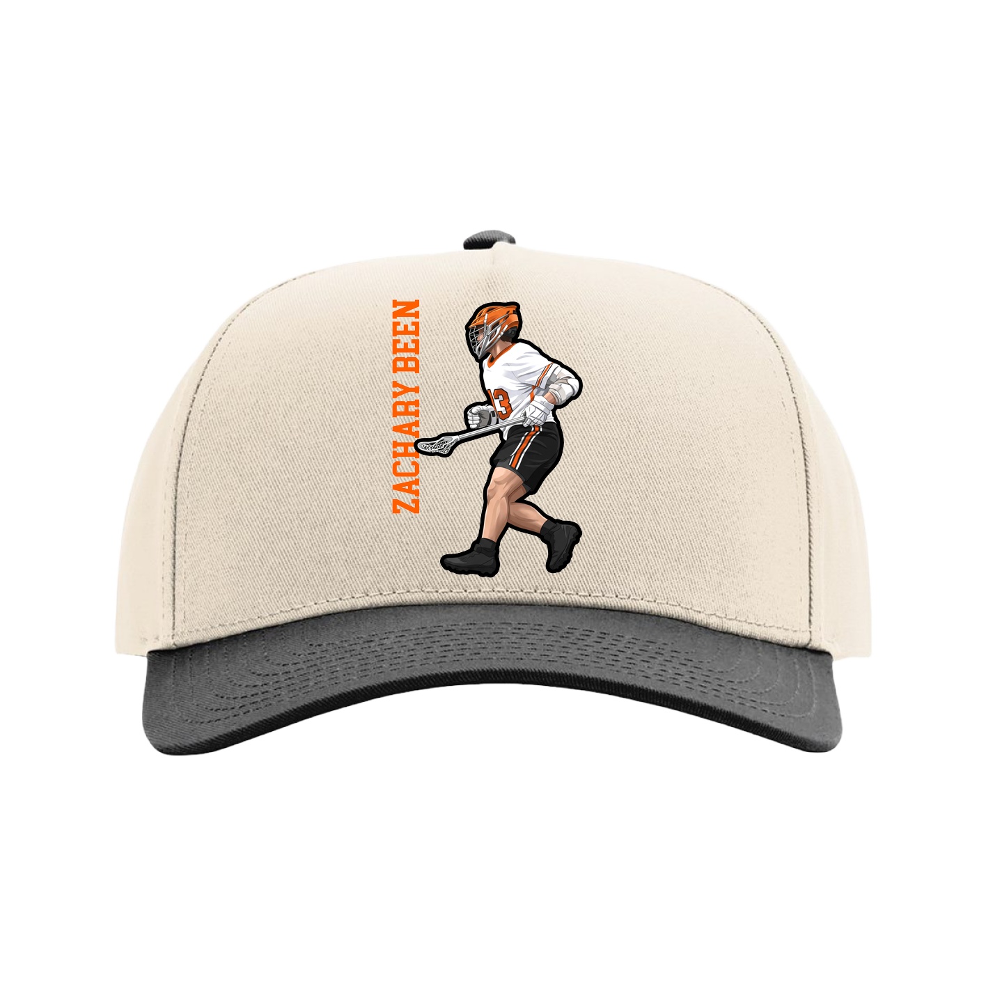 Full Fabric Five-Panel Champ Cap — Name Vertical in Cream/Black