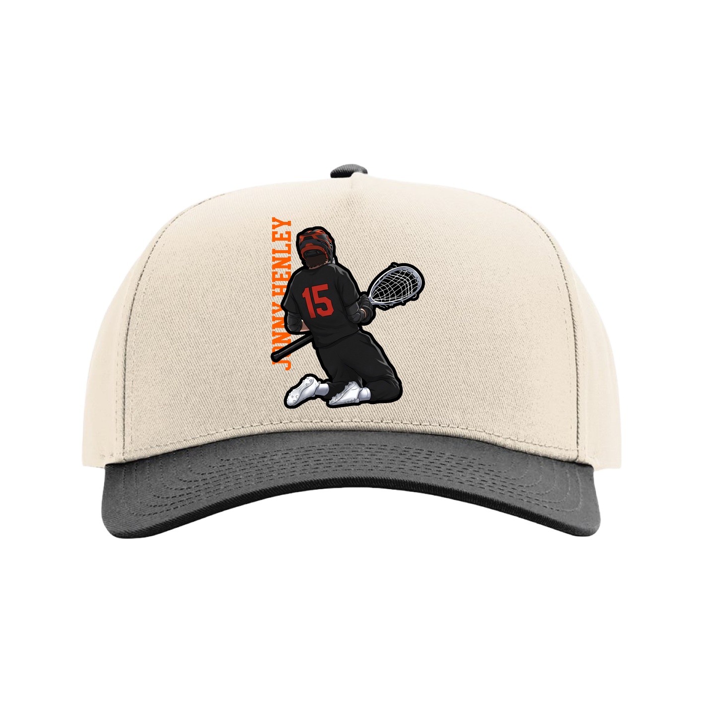 Full Fabric Five-Panel Champ Cap — Name Vertical in Cream/Black